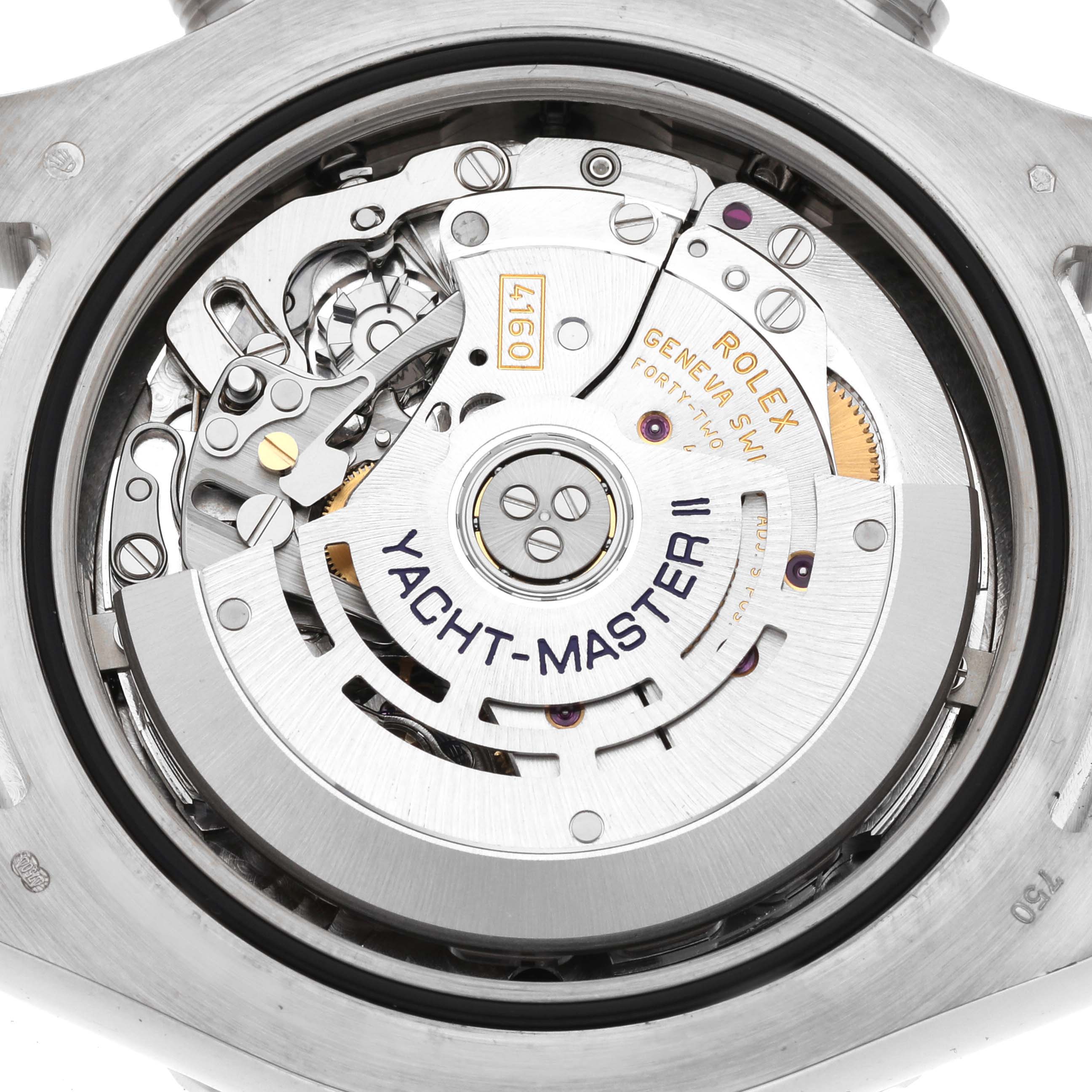 This image shows the internal mechanism and rotor of a Rolex Yacht-Master 116689 Men
s White Gold Silver Dial 116689 Men
s White Gold Silver Dial II watch from a rear angle.