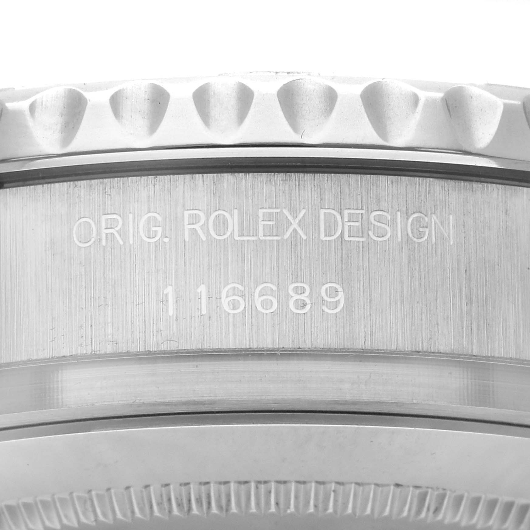 This image shows a close-up of the side casing and bezel of a Rolex Yacht-Master 116689 Men
s White Gold Silver Dial 116689 Men
s White Gold Silver Dial watch, displaying the engraved design and model number.