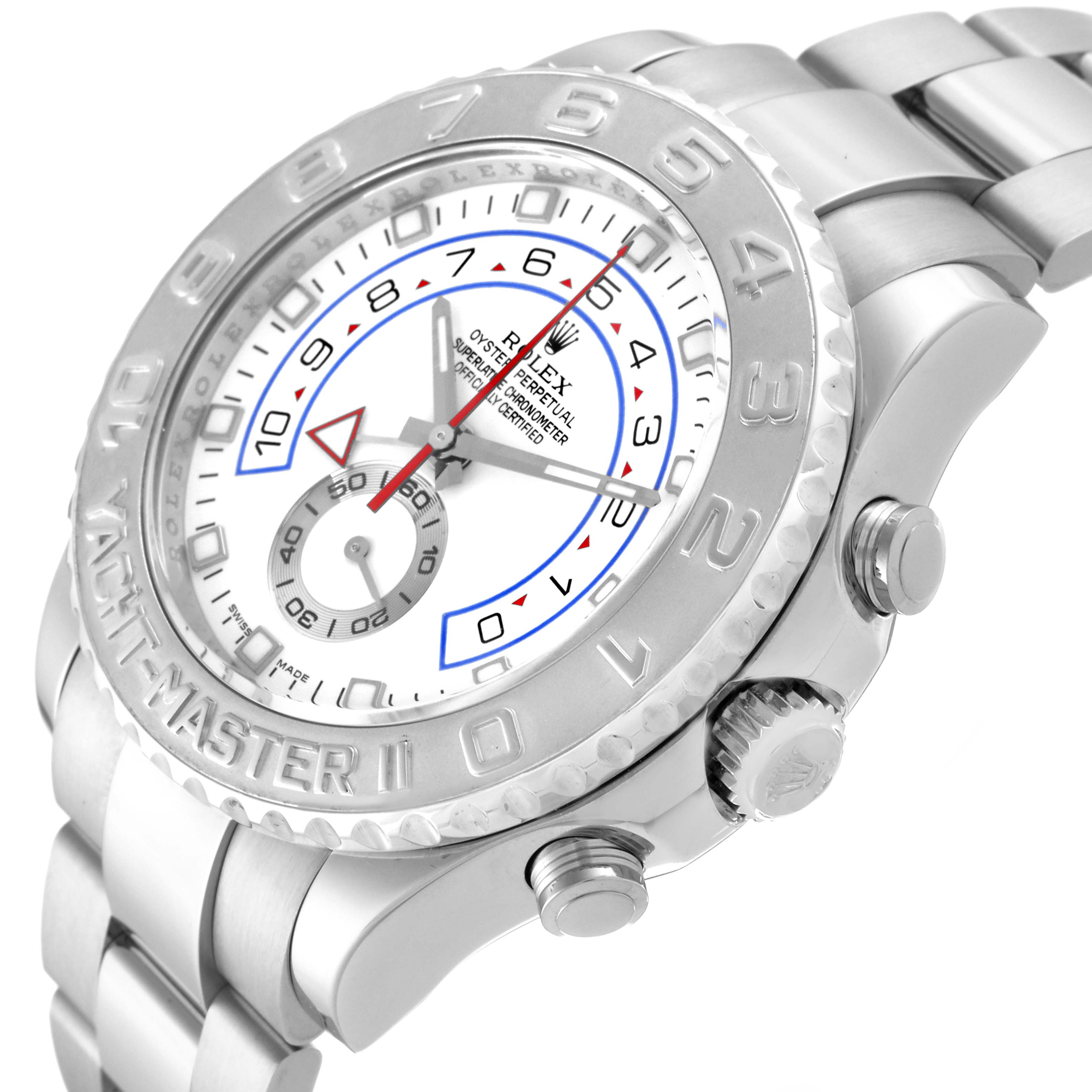 The image shows a side angle of the Rolex Yacht-Master 116689 Men
s White Gold Silver Dial 116689 Men
s White Gold Silver Dial II, highlighting the bezel, crown, and part of the bracelet.