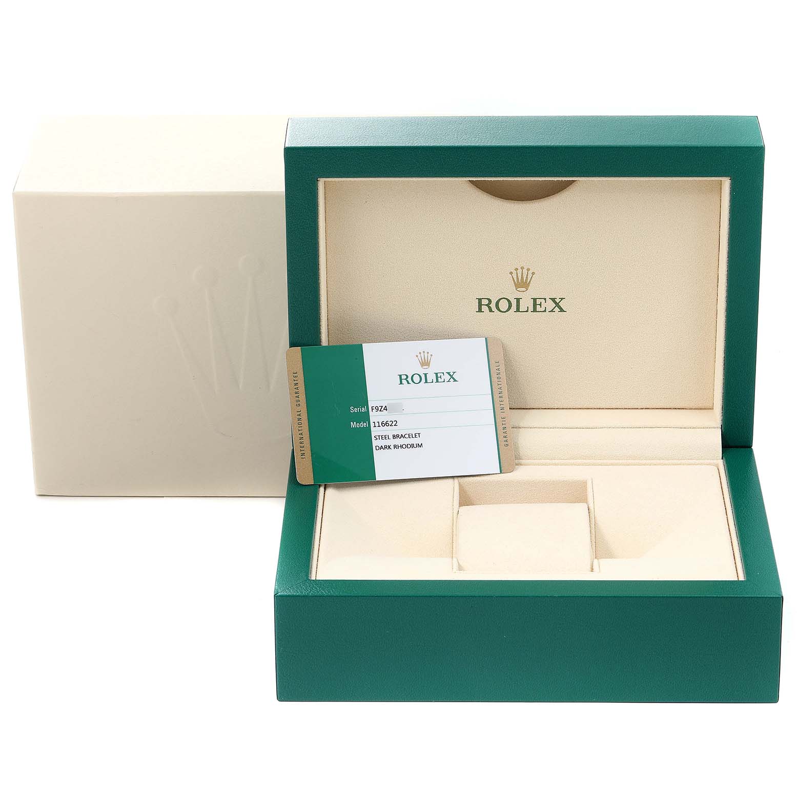 The image shows an open Rolex Yacht-Master 116622 Men
s Stainless Steel Grey Dial 116622 Men
s Stainless Steel Grey Dial watch box with the inner cushions and an Best Quality
ity card.