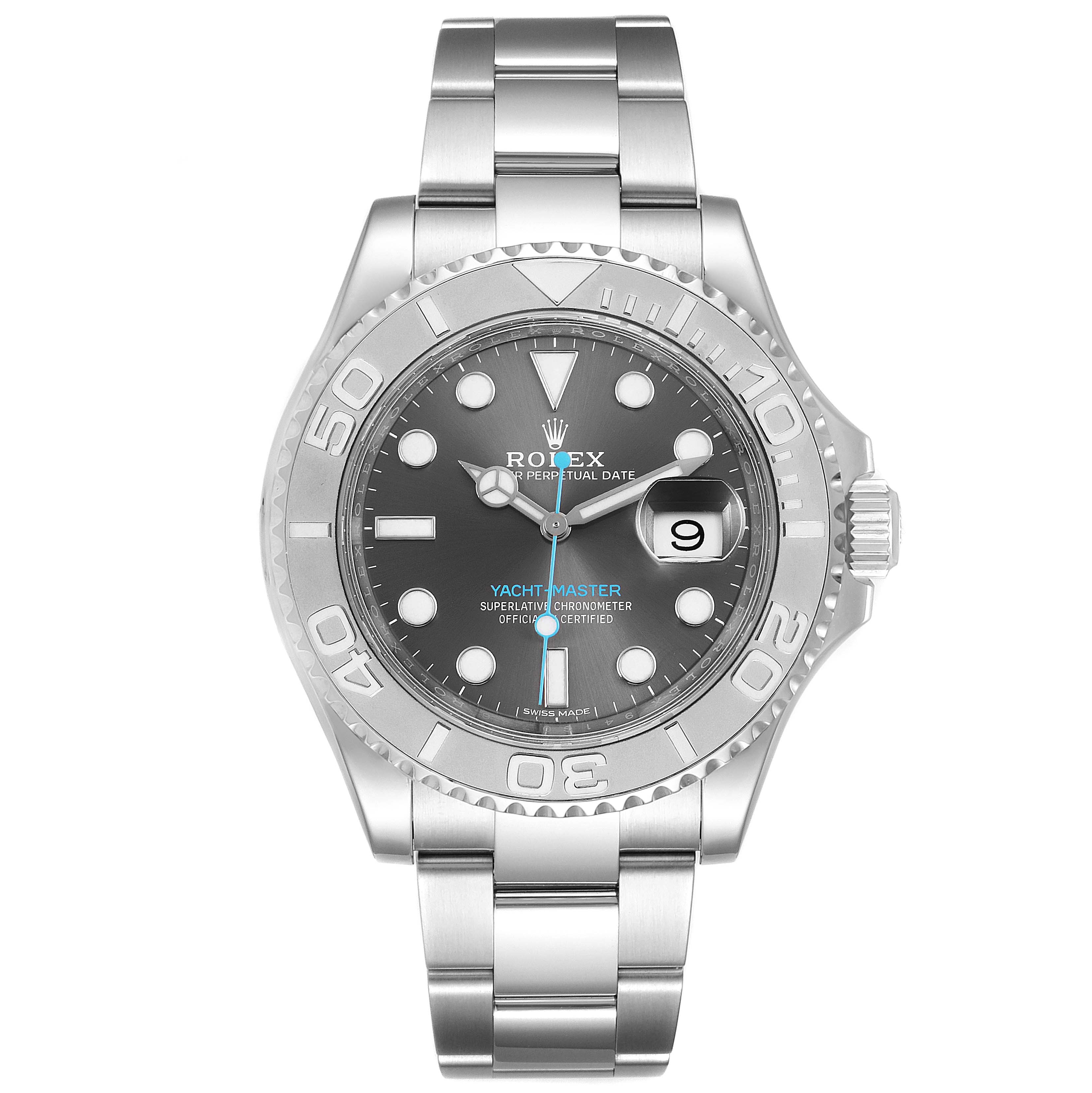 The image shows a front view of a Rolex Yacht-Master 116622 Men
s Stainless Steel Grey Dial 116622 Men
s Stainless Steel Grey Dial watch, featuring its bracelet, bezel, and dial clearly.