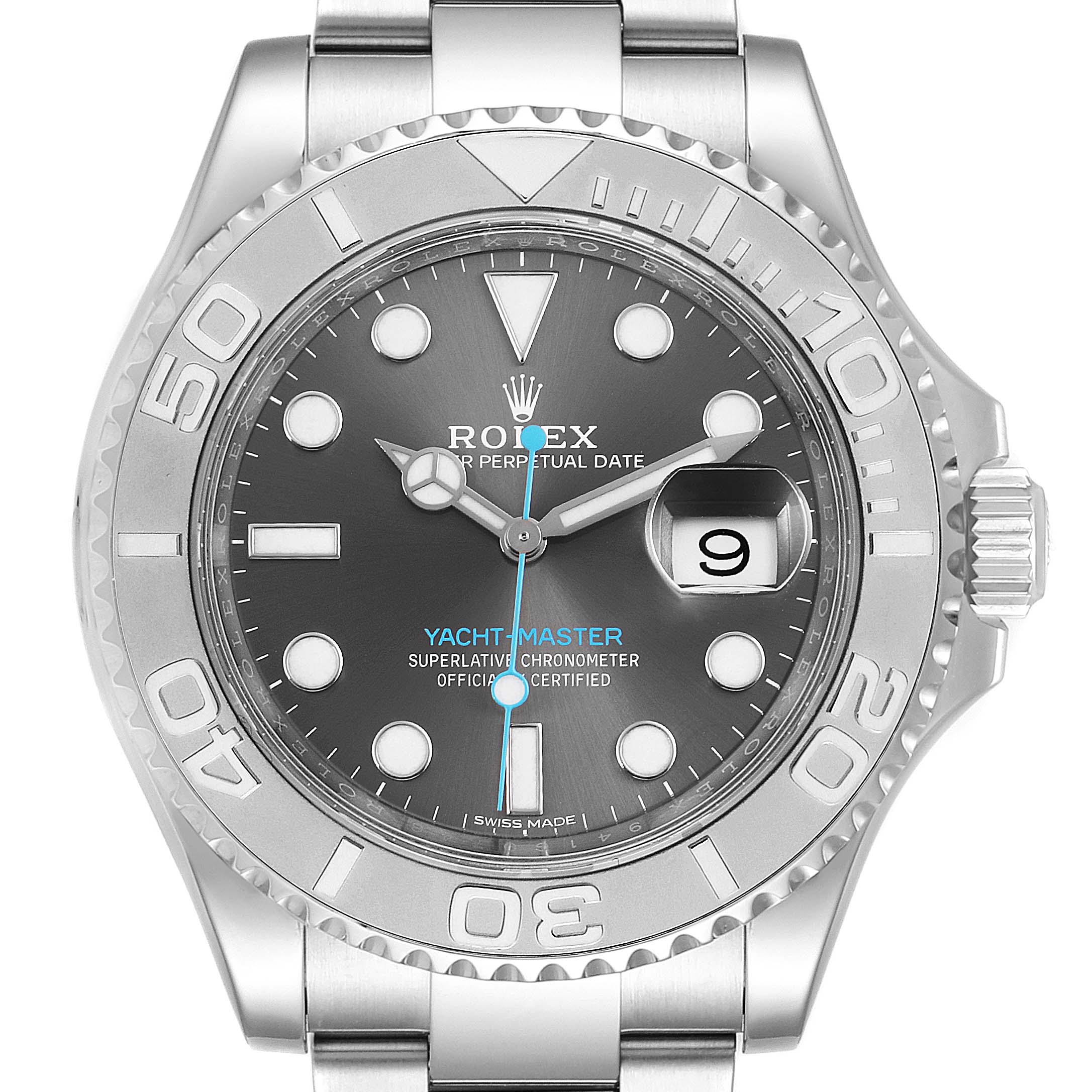 The image shows a front view of the Rolex Yacht-Master 116622 Men
s Stainless Steel Grey Dial 116622 Men
s Stainless Steel Grey Dial watch, highlighting the dial, bezel, hands, and bracelet.