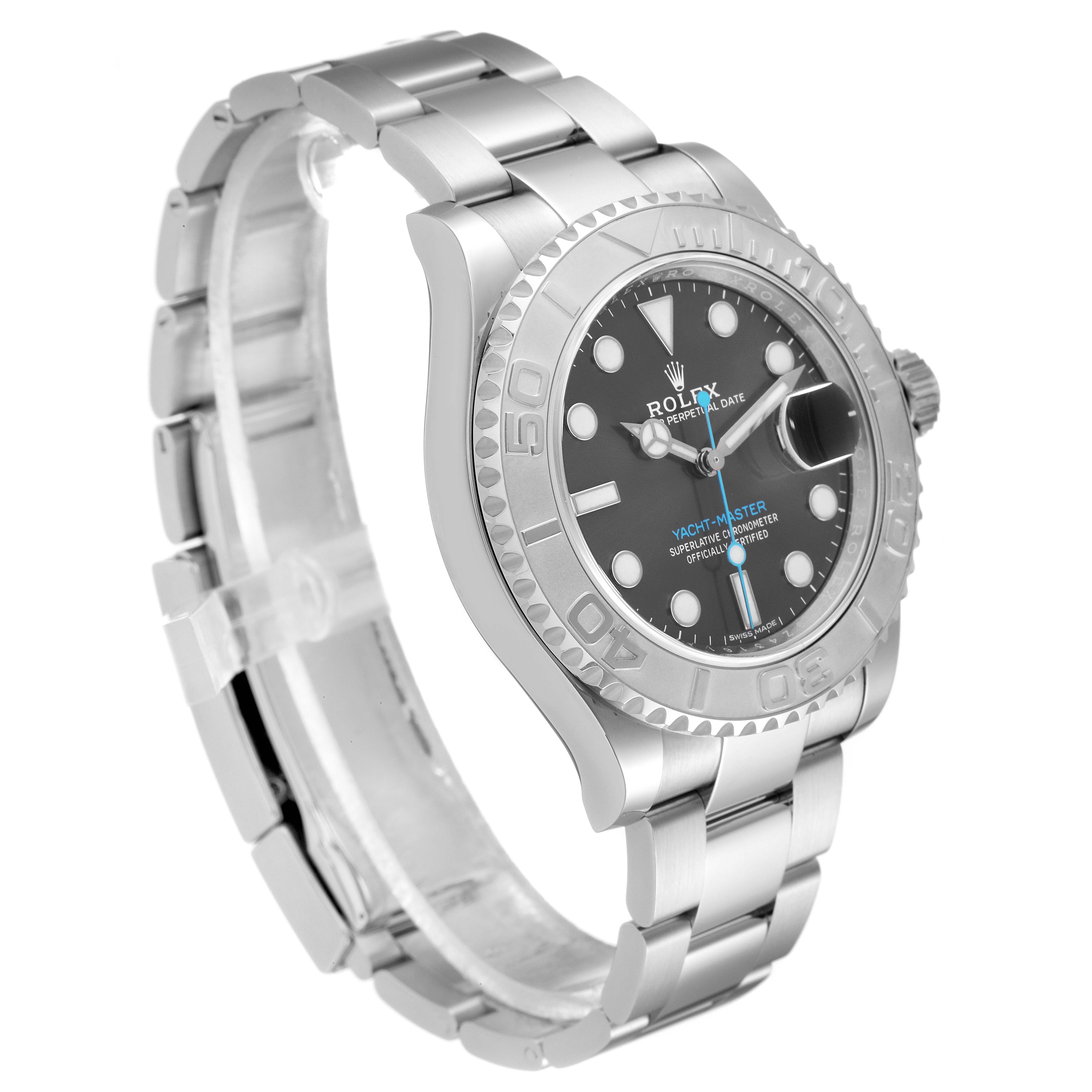 The image shows a side view of the Rolex Yacht-Master 116622 Men
s Stainless Steel Grey Dial 116622 Men
s Stainless Steel Grey Dial watch, highlighting its bezel, dial, and metal bracelet.