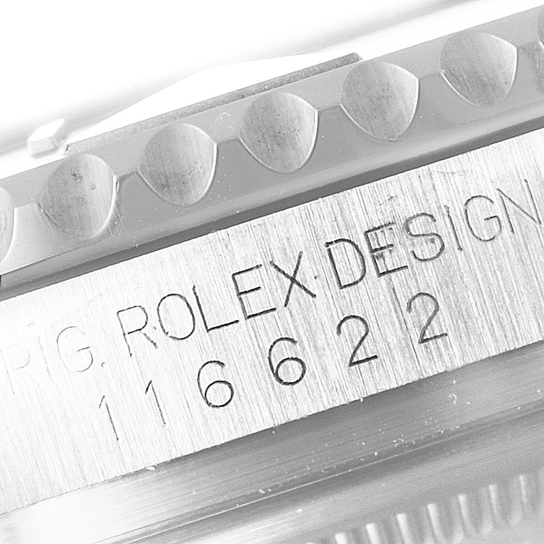 The image shows a close-up angle of the engraved case edge of a Rolex Yacht-Master 116622 Men
s Stainless Steel Grey Dial 116622 Men
s Stainless Steel Grey Dial model, highlighting its reference number 116622.