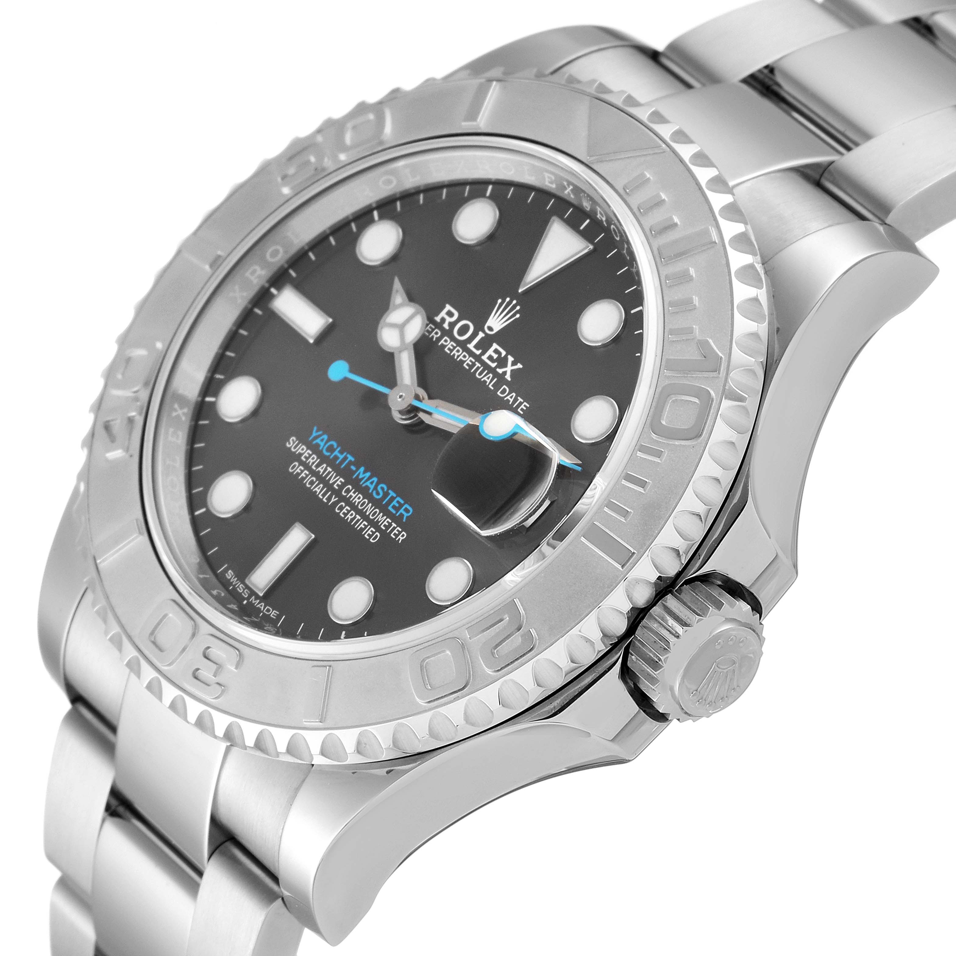 The image shows a close-up side angle of a Rolex Yacht-Master 116622 Men
s Stainless Steel Grey Dial 116622 Men
s Stainless Steel Grey Dial watch, highlighting the bezel, dial, and crown.