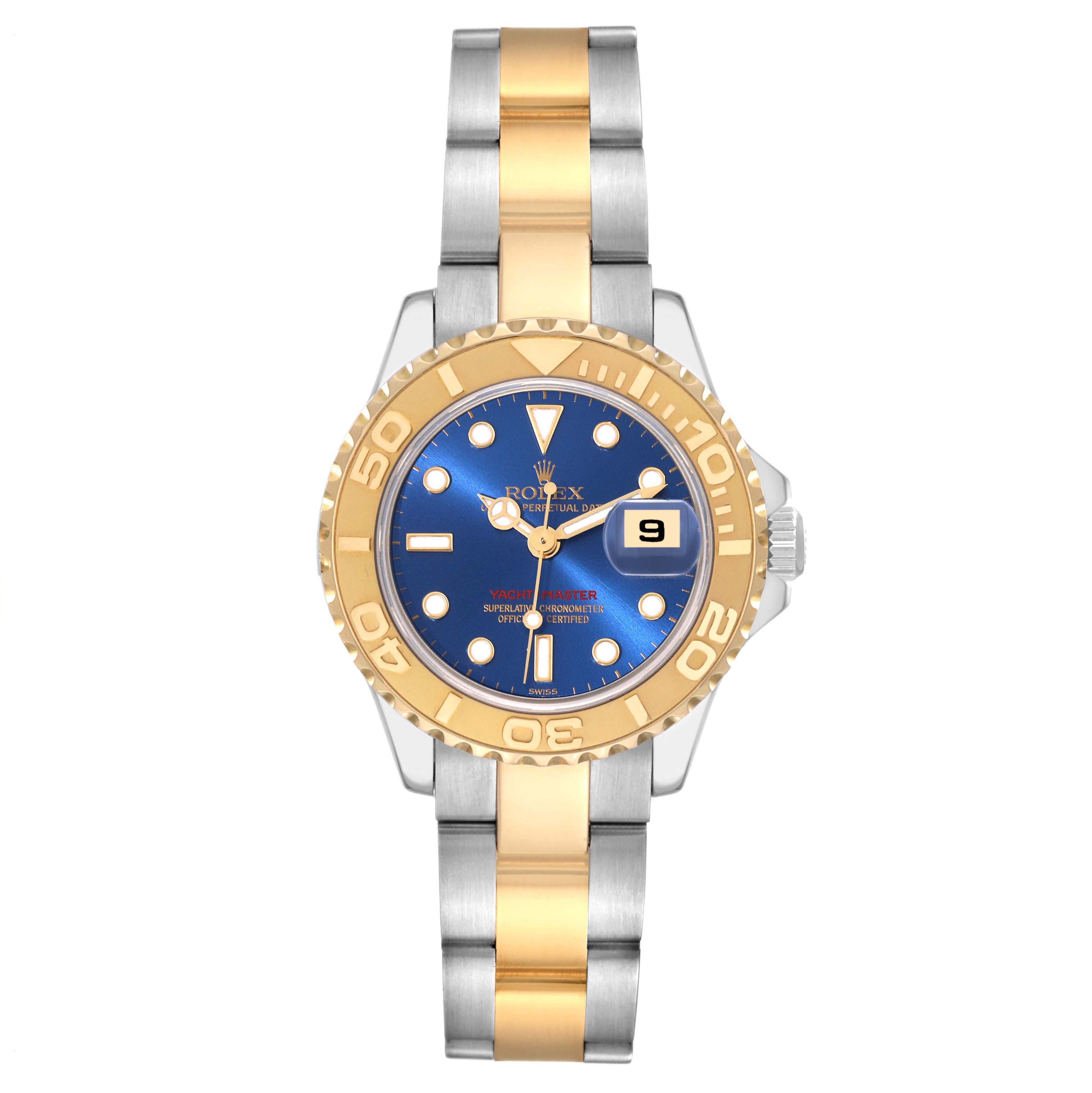 This is a front view of a Rolex Yacht-Master 169623 Women's Steel and Gold (two tone) Blue Dial 169623 Women's Steel and Gold (two tone) Blue Dial watch showcasing the blue dial, gold bezel, and two-tone bracelet.