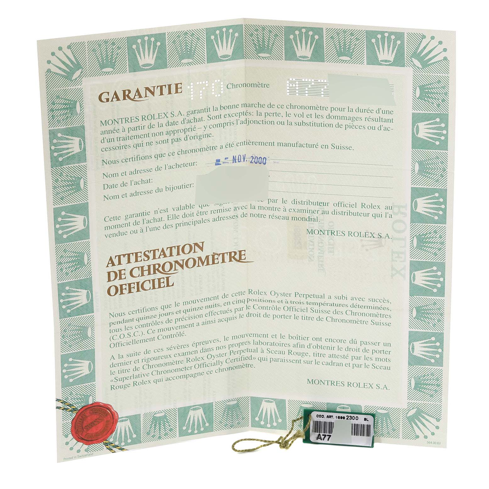 The image shows the warranty and chronometer certification documents for a Rolex Yacht-Master 169623 Women's Steel and Gold (two tone) Blue Dial 169623 Women's Steel and Gold (two tone) Blue Dial watch.