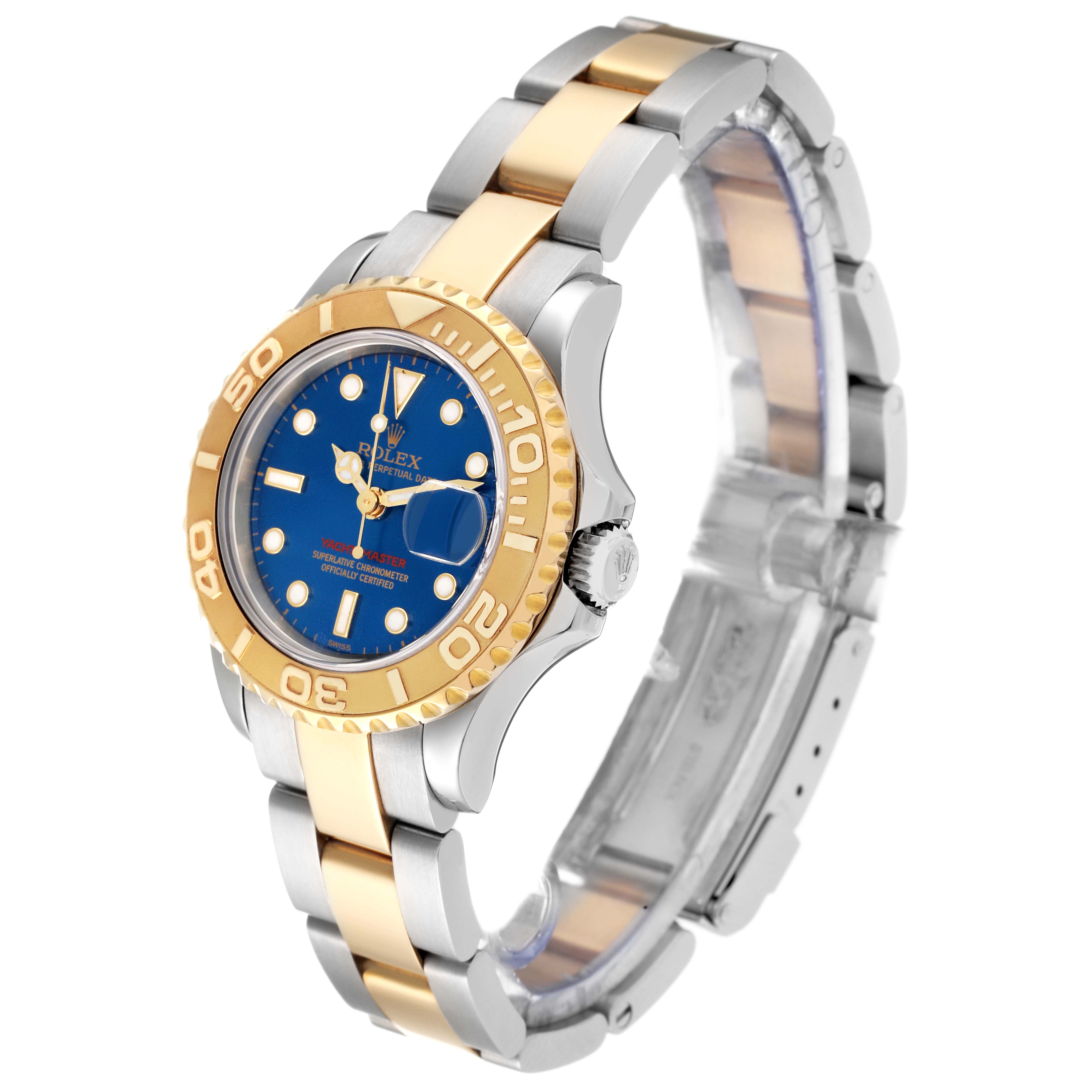 The image shows a side-angle view of the Rolex Yacht-Master 169623 Women's Steel and Gold (two tone) Blue Dial 169623 Women's Steel and Gold (two tone) Blue Dial watch, highlighting its gold and stainless-steel bracelet and blue dial.