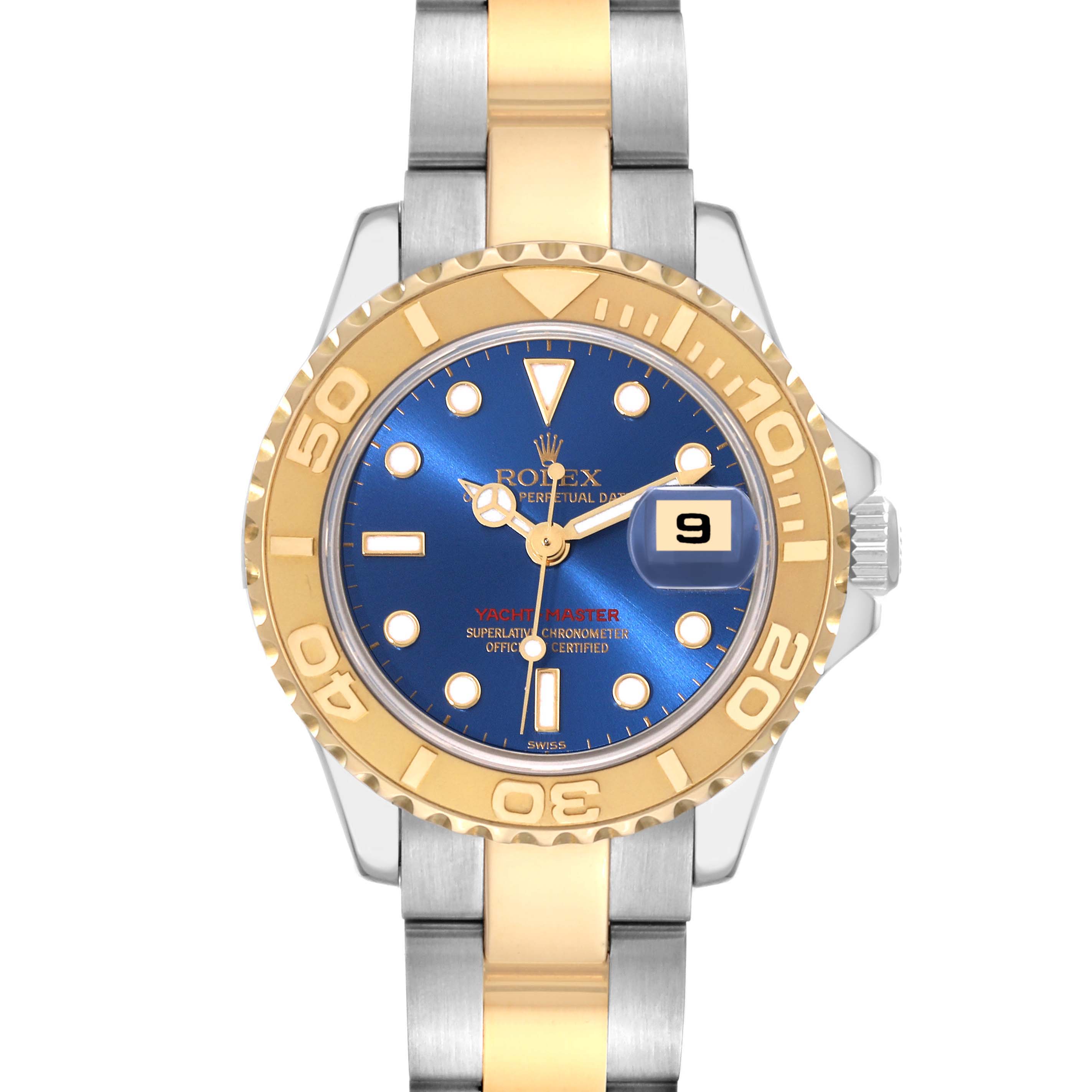 The image shows a front view of a Rolex Yacht-Master 169623 Women's Steel and Gold (two tone) Blue Dial 169623 Women's Steel and Gold (two tone) Blue Dial watch with a blue dial, gold bezel, and a two-tone bracelet.
