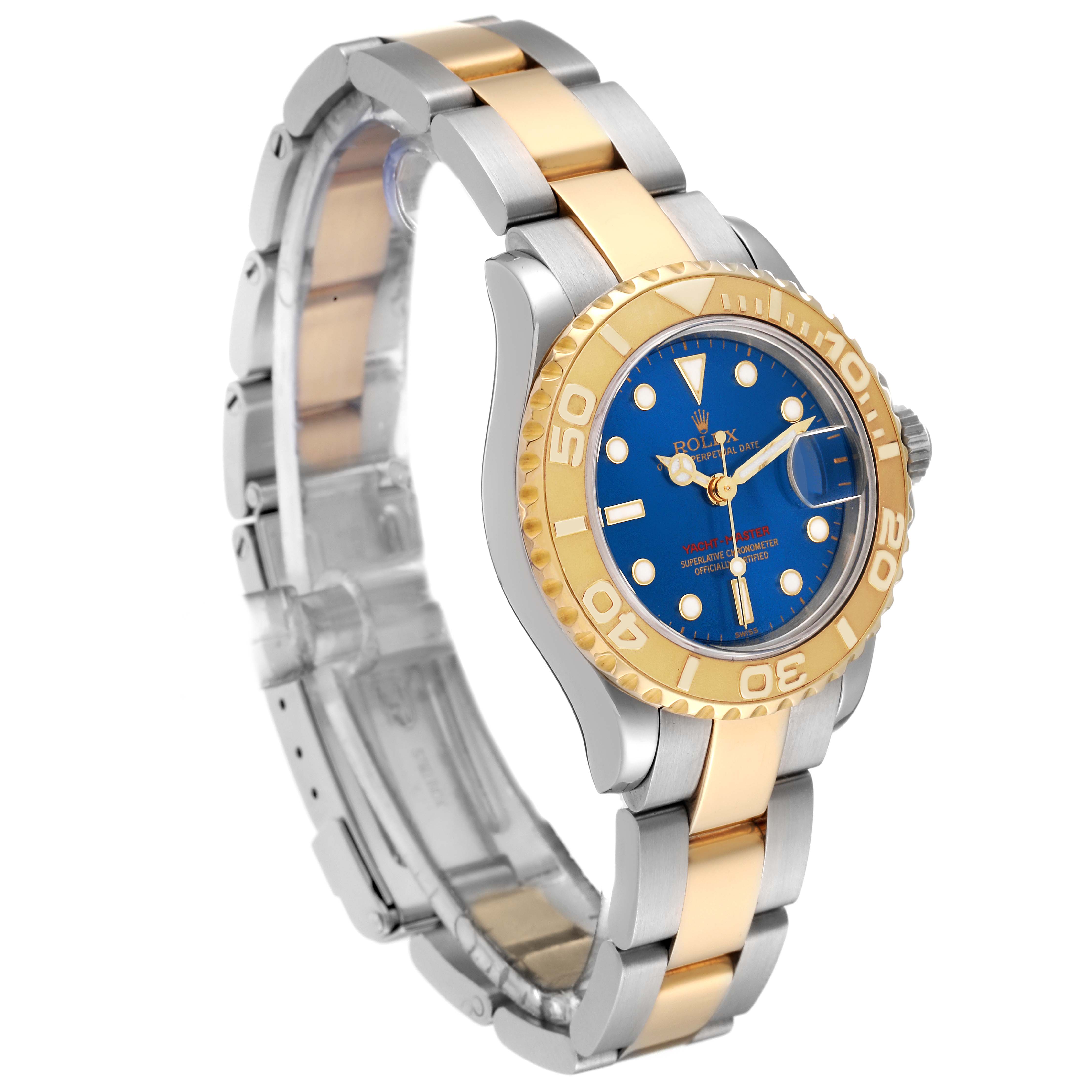 The Rolex Yacht-Master 169623 Women's Steel and Gold (two tone) Blue Dial 169623 Women's Steel and Gold (two tone) Blue Dial watch is shown at a slight right-side angle, highlighting the bezel, bracelet, and face.