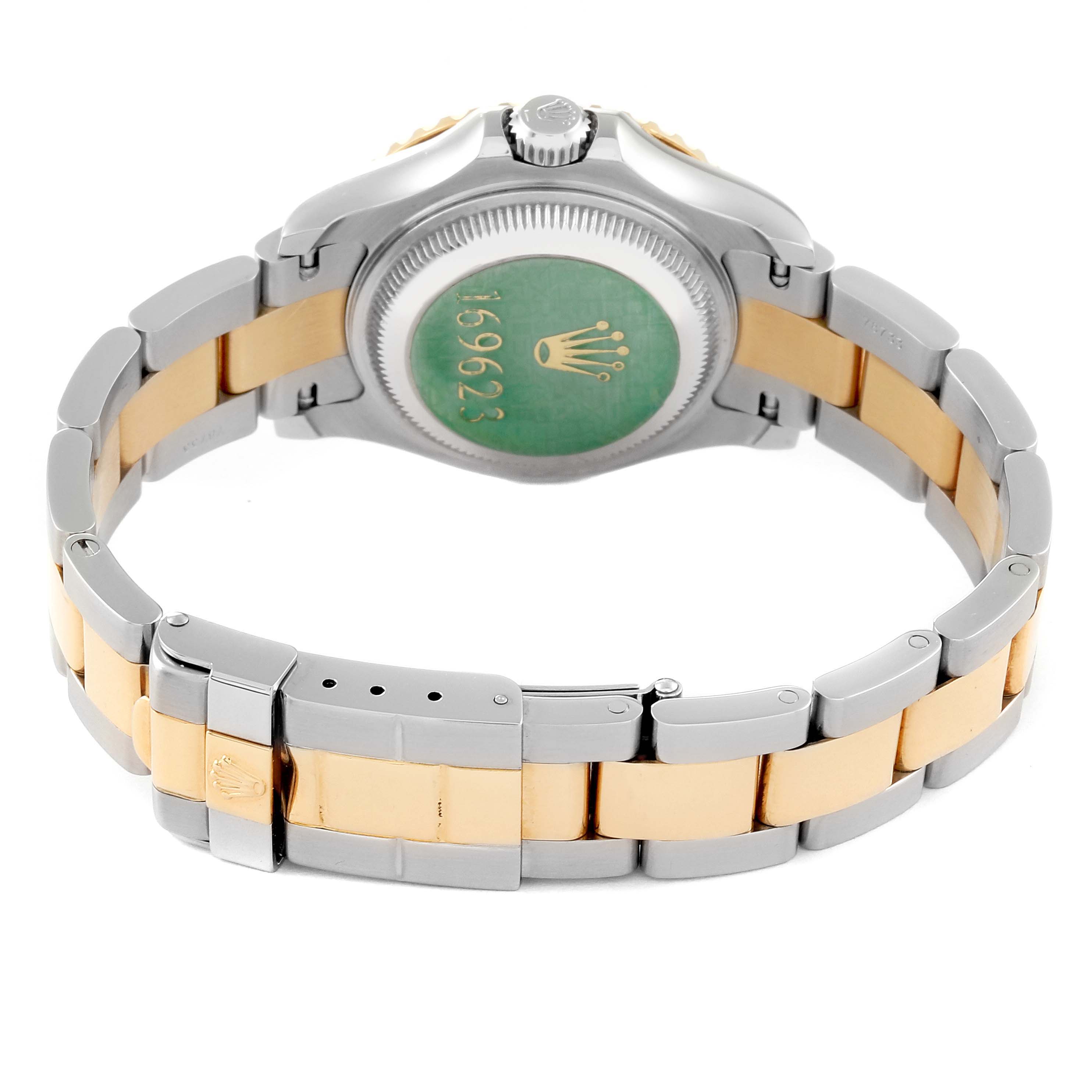 The image shows the back case and bracelet of a Rolex Yacht-Master 169623 Women's Steel and Gold (two tone) Blue Dial 169623 Women's Steel and Gold (two tone) Blue Dial watch, featuring a two-tone metal band.