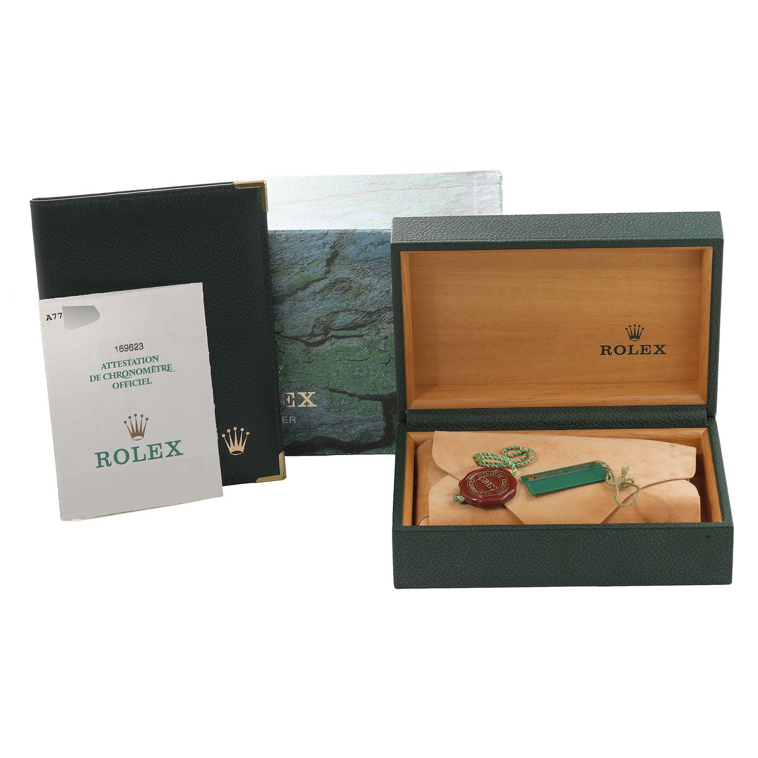 The image shows the packaging, certificate, and accessories of a Rolex Yacht-Master 169623 Women's Steel and Gold (two tone) Blue Dial 169623 Women's Steel and Gold (two tone) Blue Dial watch.