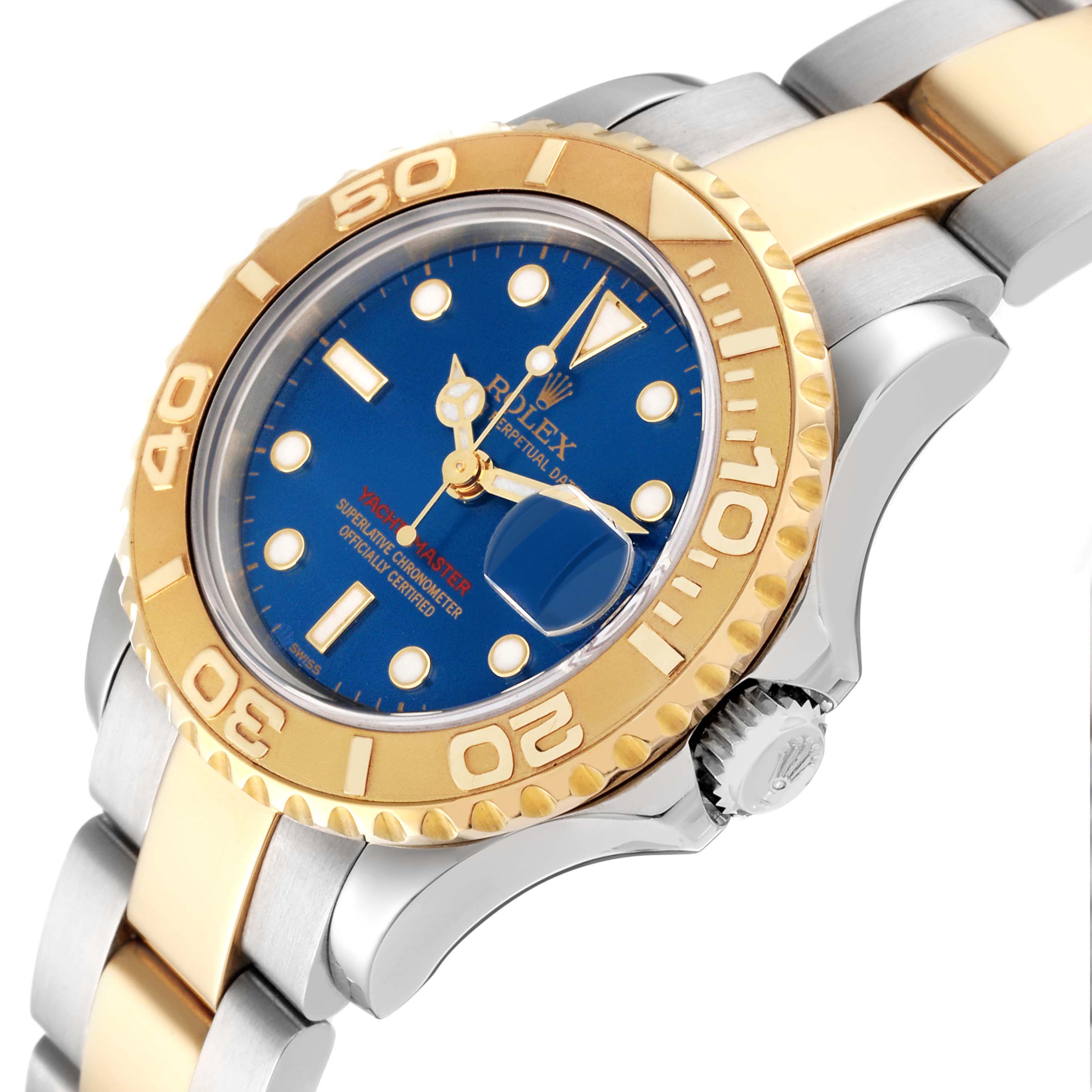 This image shows the face, bezel, crown, and part of the bracelet of a Rolex Yacht-Master 169623 Women's Steel and Gold (two tone) Blue Dial 169623 Women's Steel and Gold (two tone) Blue Dial watch at an angled view.