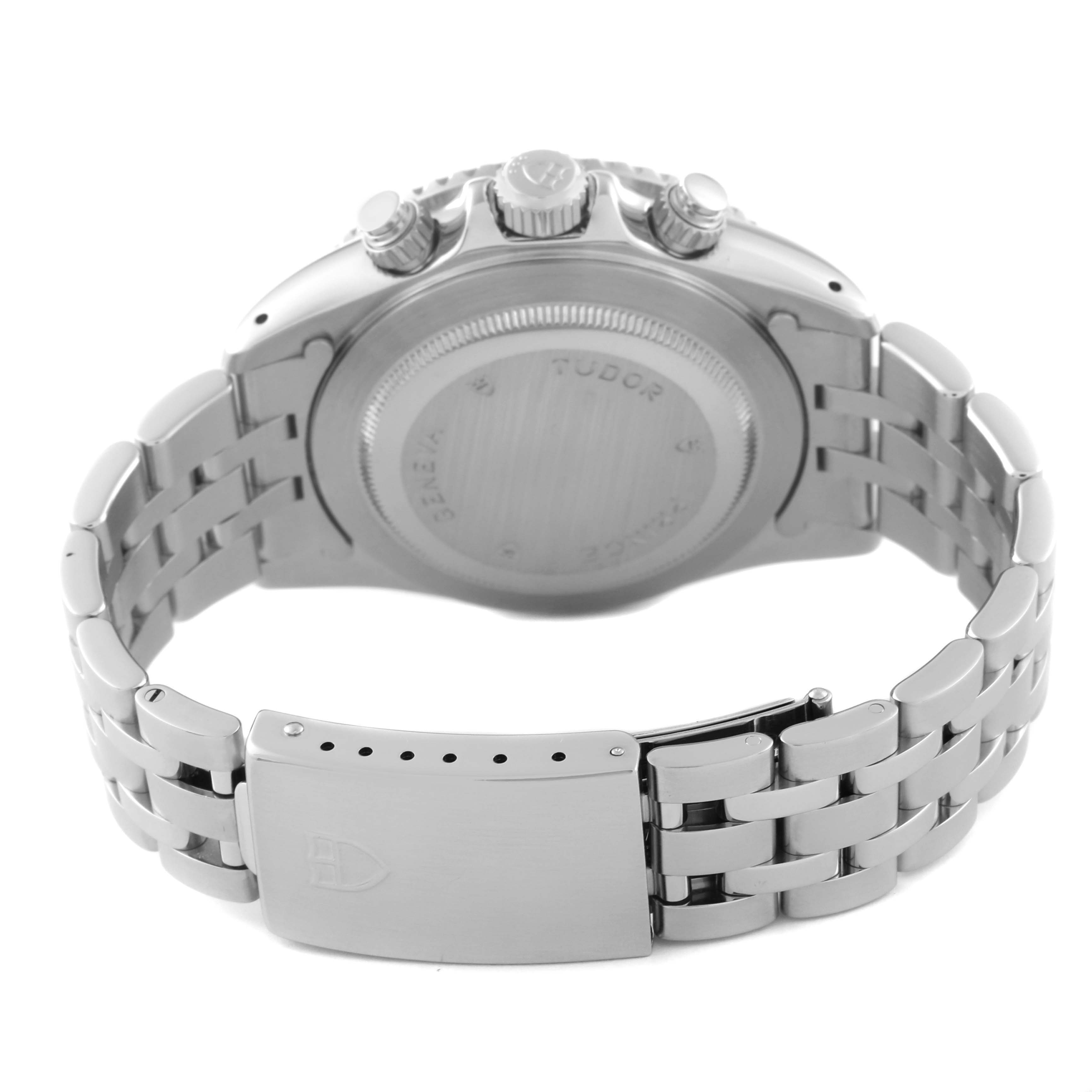 This image shows the back case, bracelet, and clasp of the Tudor Prince 79270 Men's Stainless Steel Red Dial 79270 Men's Stainless Steel Red Dial model watch from a rear angle.