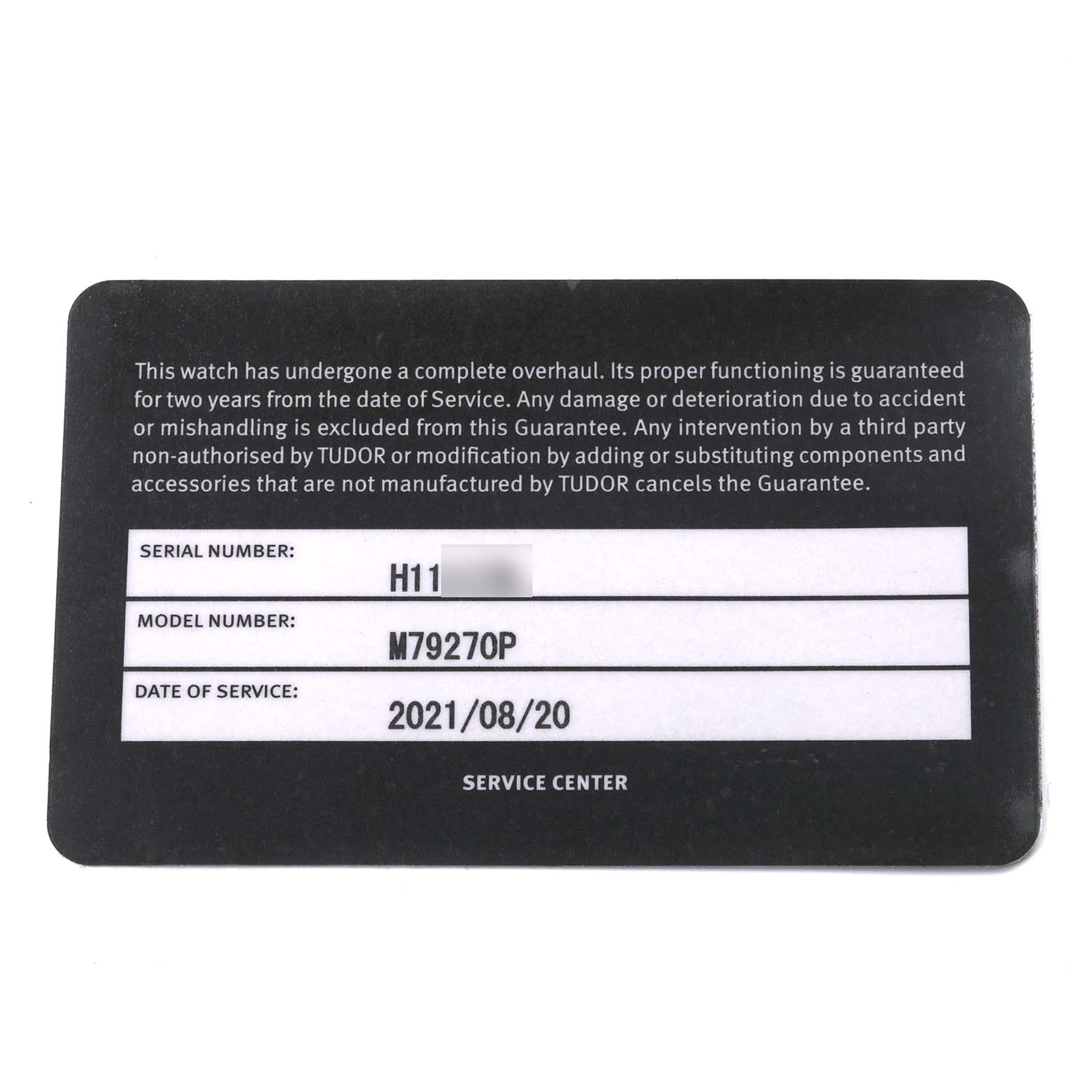 This image shows a service center card for the Tudor Prince 79270 Men's Stainless Steel Red Dial 79270 Men's Stainless Steel Red Dial model M79270P, detailing service and guarantee information.