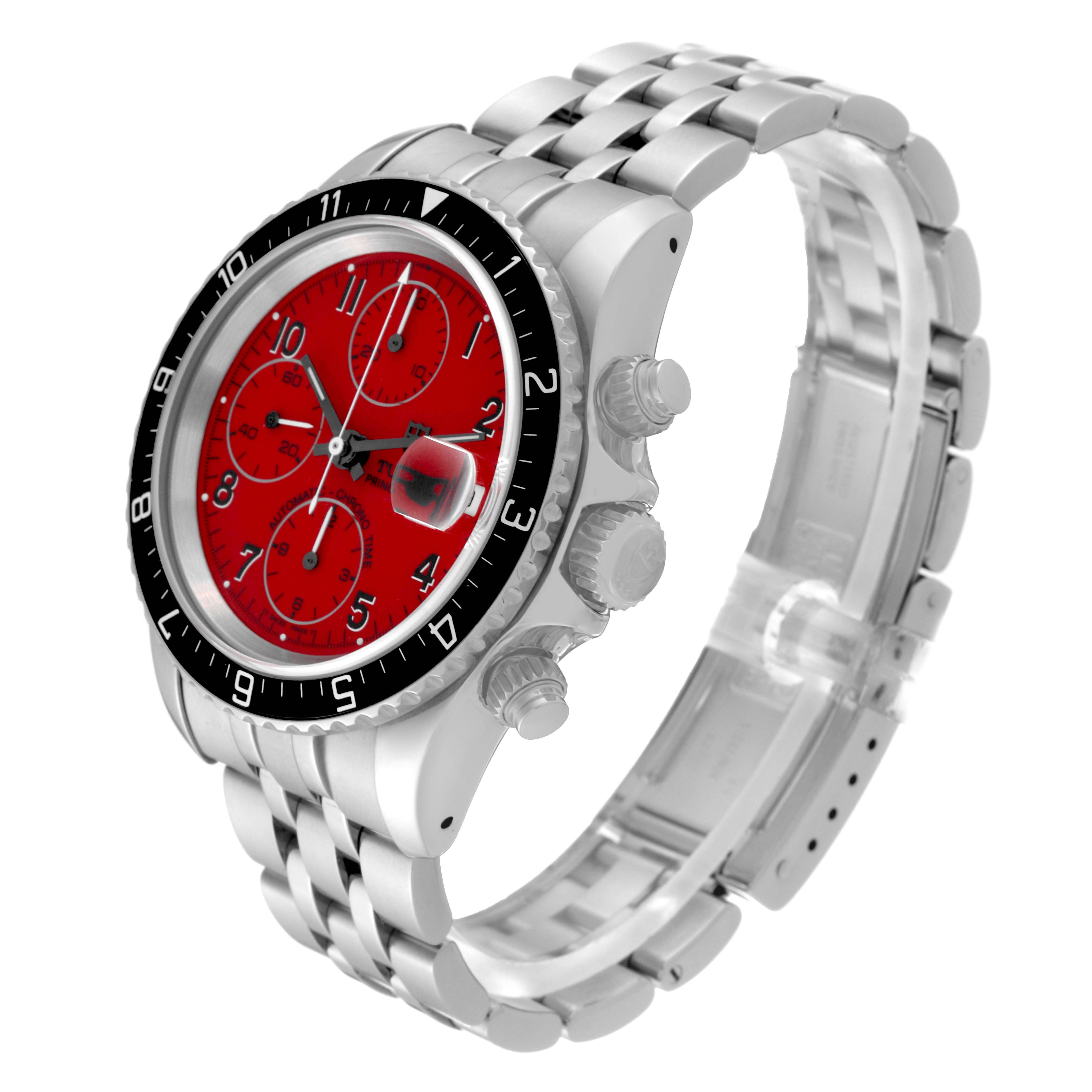 The image shows a Tudor Prince 79270 Men's Stainless Steel Red Dial 79270 Men's Stainless Steel Red Dial watch from a three-quarter perspective, highlighting the red dial, bezel, case, and bracelet.