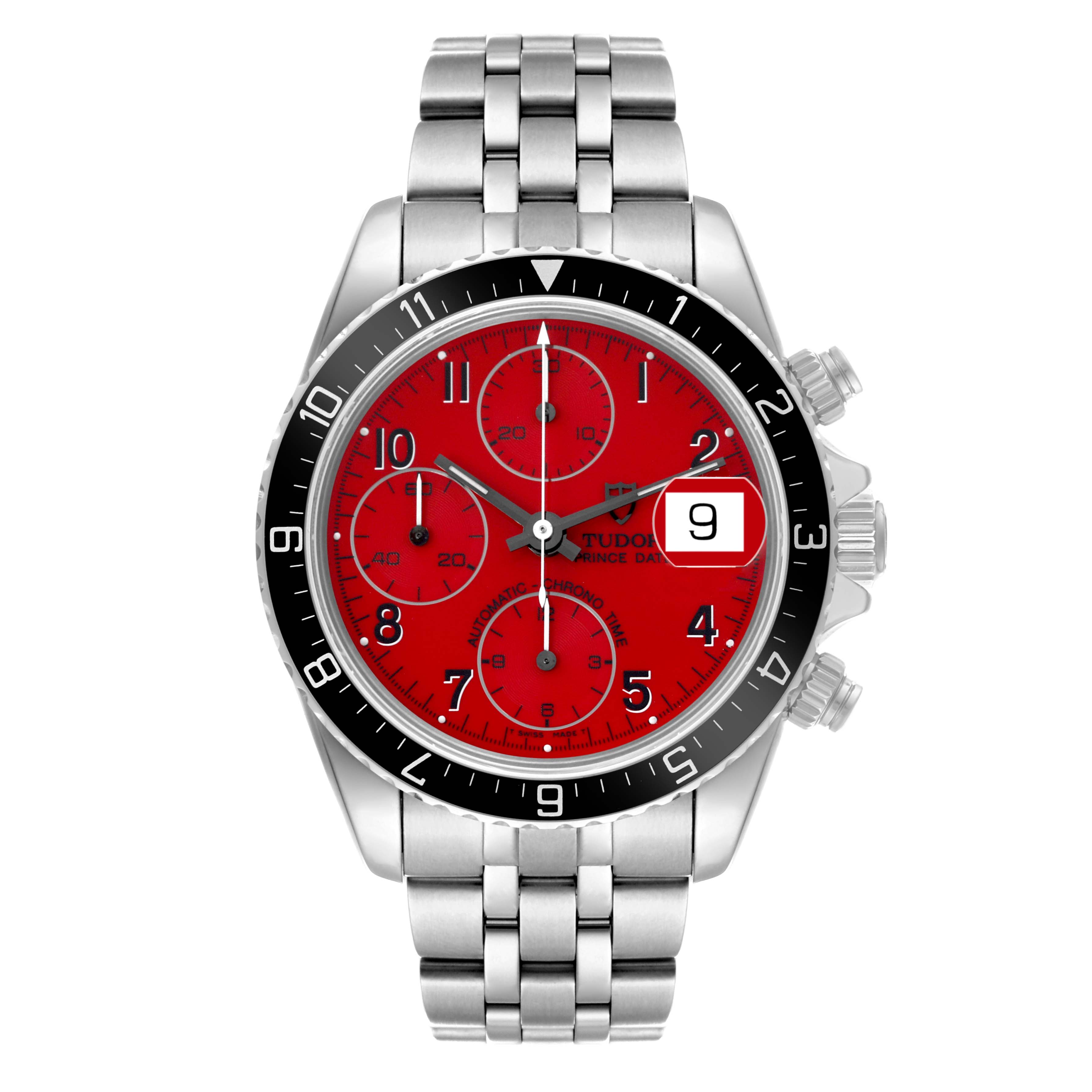 The image shows a front view of the Tudor Prince 79270 Men's Stainless Steel Red Dial 79270 Men's Stainless Steel Red Dial model watch featuring a red dial, black bezel, and stainless steel bracelet.