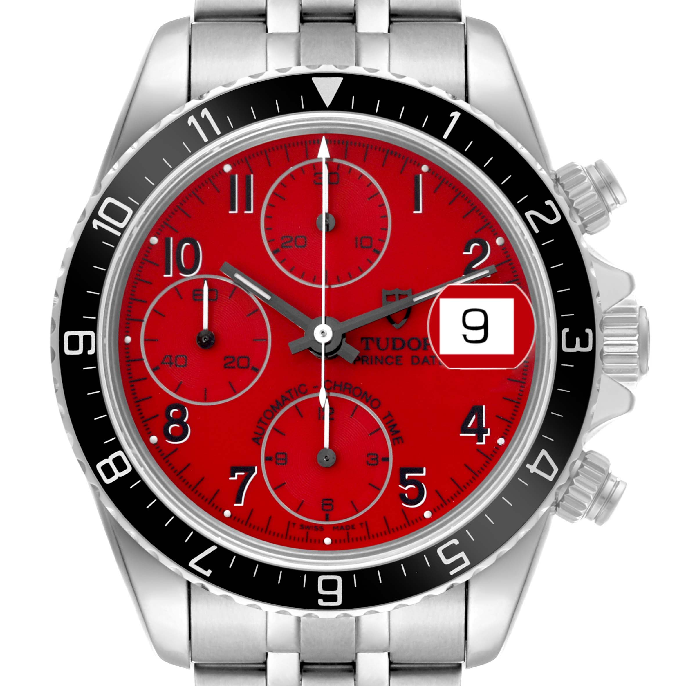 The image shows a frontal view of a Tudor Prince 79270 Men's Stainless Steel Red Dial 79270 Men's Stainless Steel Red Dial model watch featuring a red dial, chronograph subdials, and a date window.