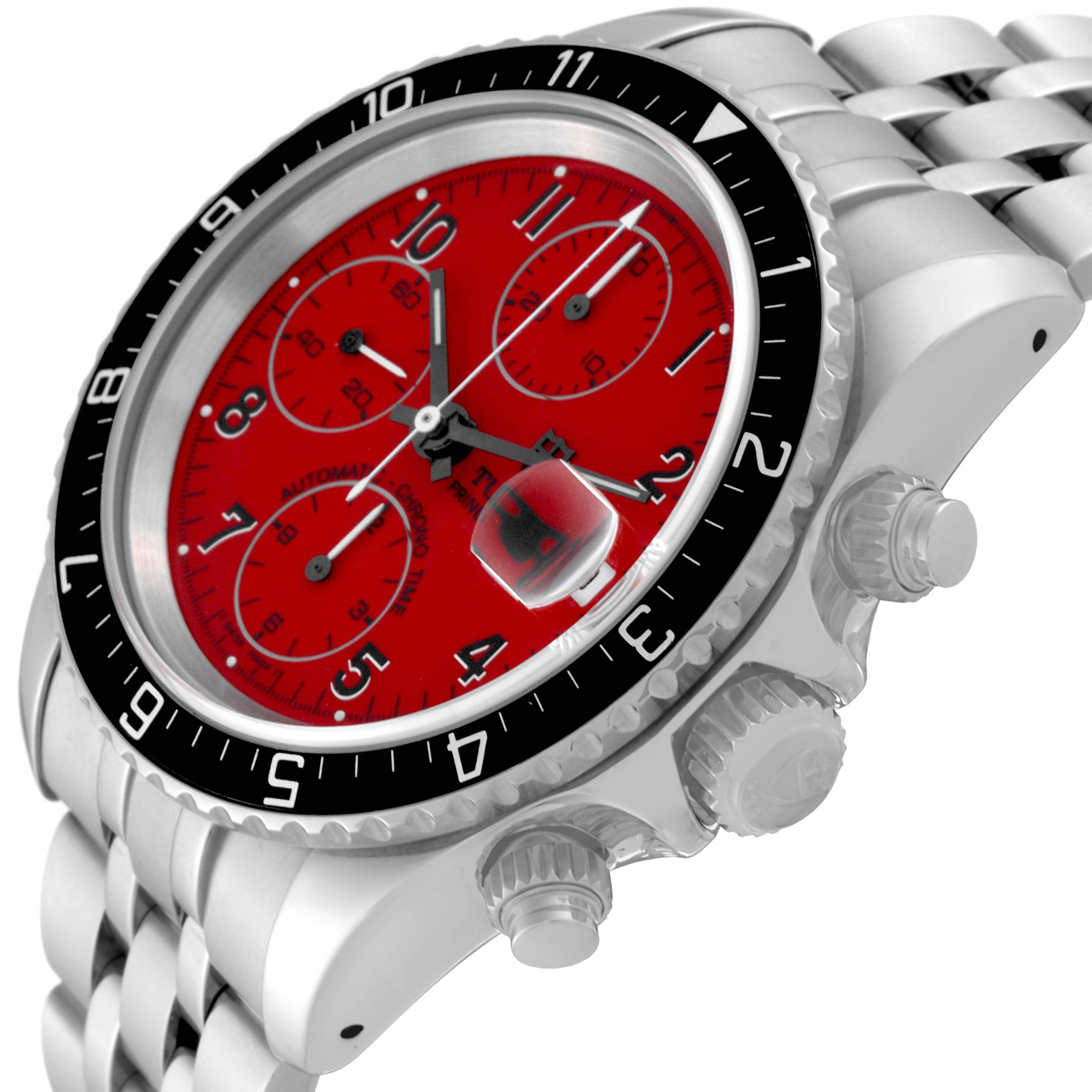The image shows a Tudor Prince 79270 Men's Stainless Steel Red Dial 79270 Men's Stainless Steel Red Dial model watch angled from the right, highlighting its red dial, bezel, crown, and pushers.