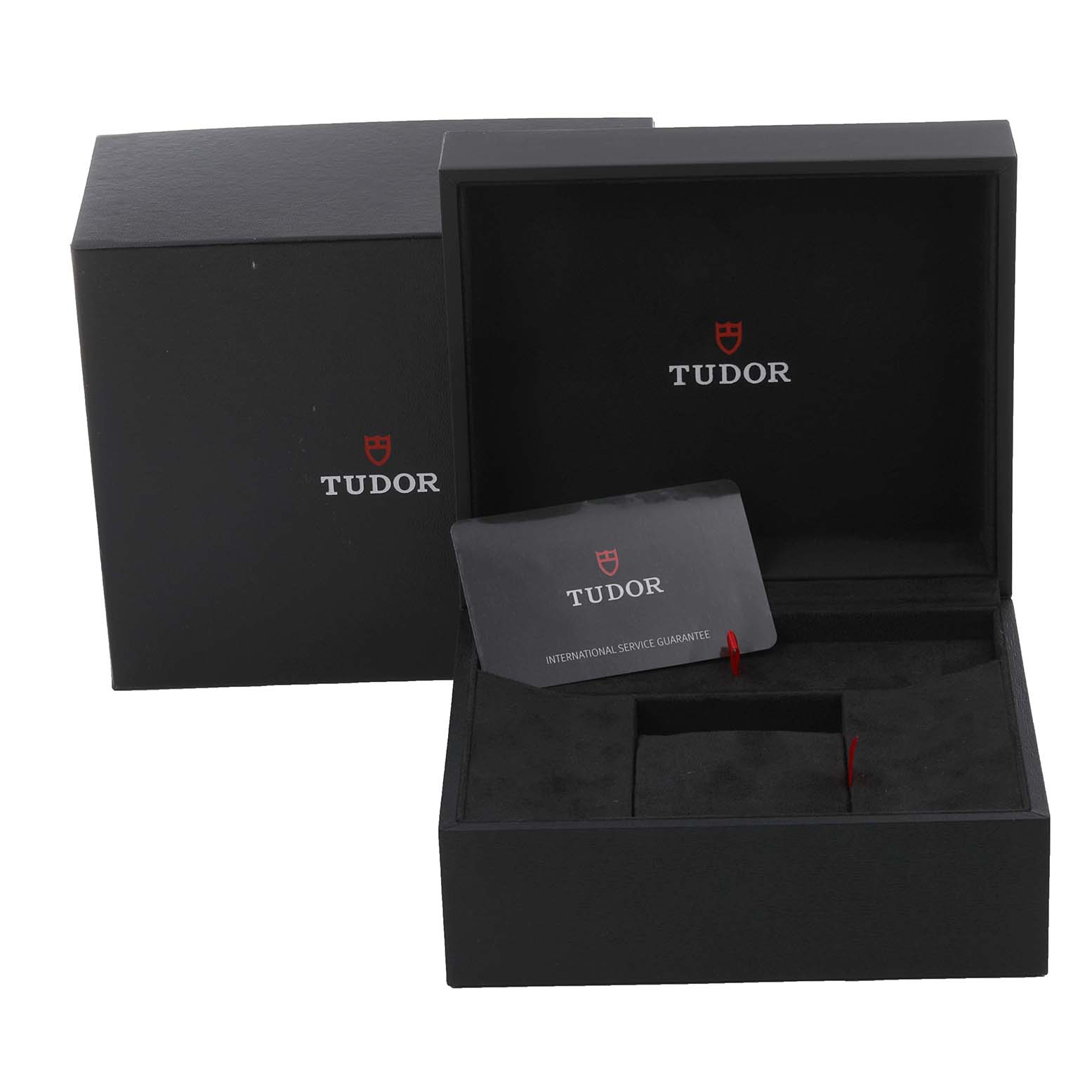 The image shows the open box and warranty card for the Tudor Prince 79270 Men's Stainless Steel Red Dial 79270 Men's Stainless Steel Red Dial model watch.