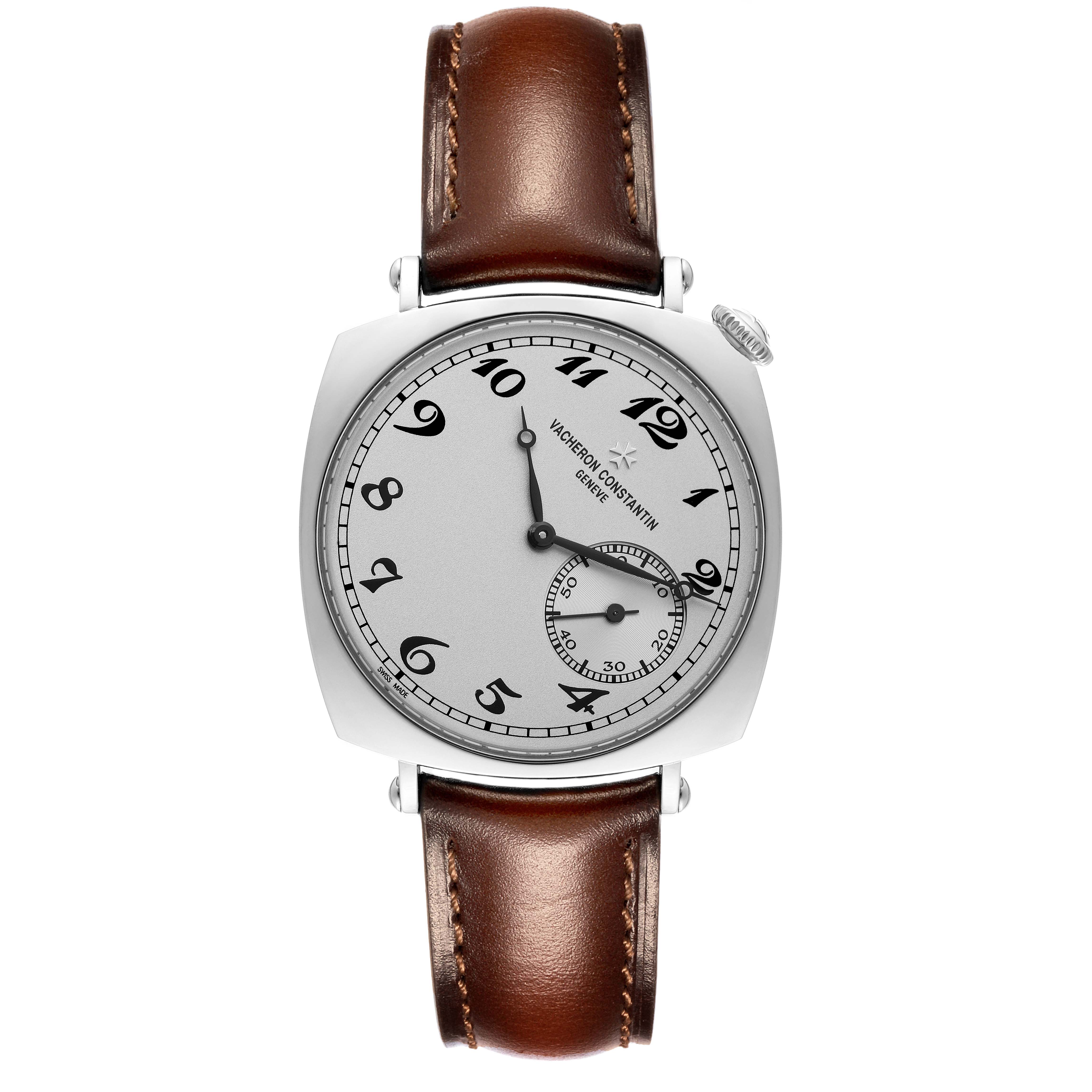 This is a top-down view of a Vacheron Constantin Historiques 1100S/000G-B734 Men's White Gold Silver Dial 1100S/000G-B734 Men's White Gold Silver Dial watch, showing the face, dial, hands, and brown leather strap.