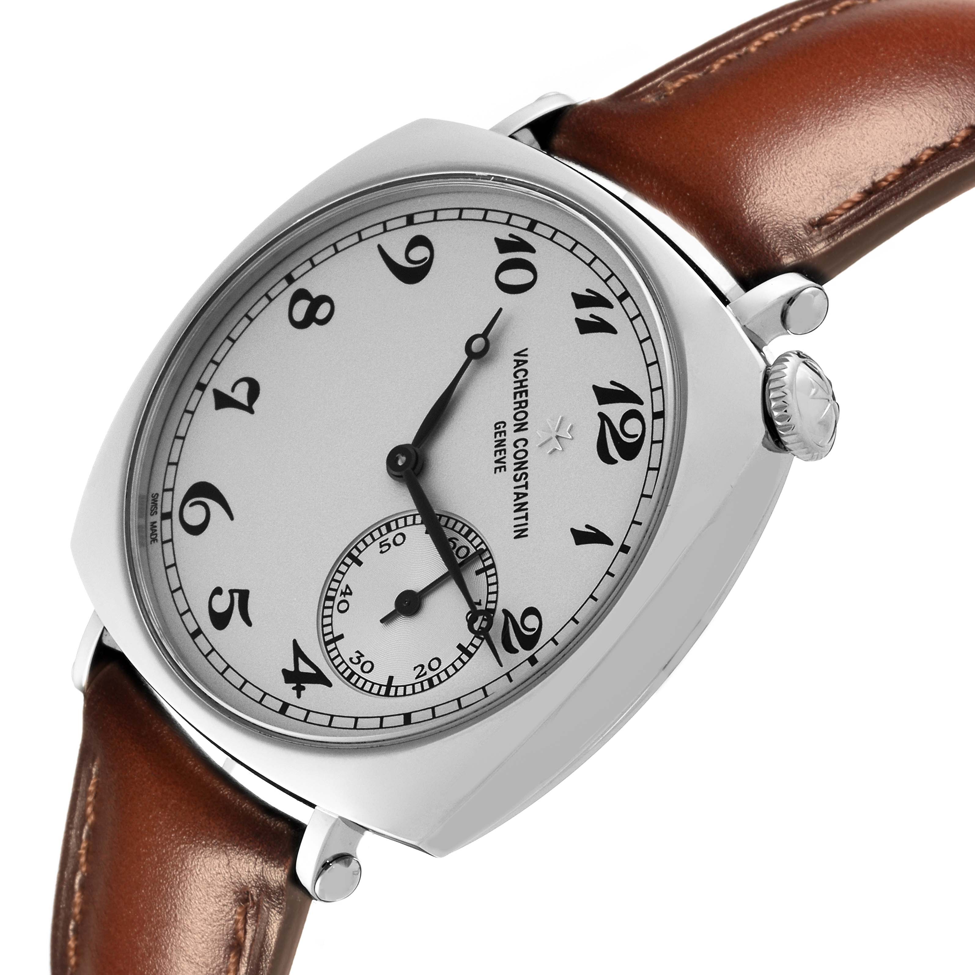 The Vacheron Constantin Historiques 1100S/000G-B734 Men's White Gold Silver Dial 1100S/000G-B734 Men's White Gold Silver Dial watch is shown at a slight angle, displaying the dial, crown, and brown leather strap.