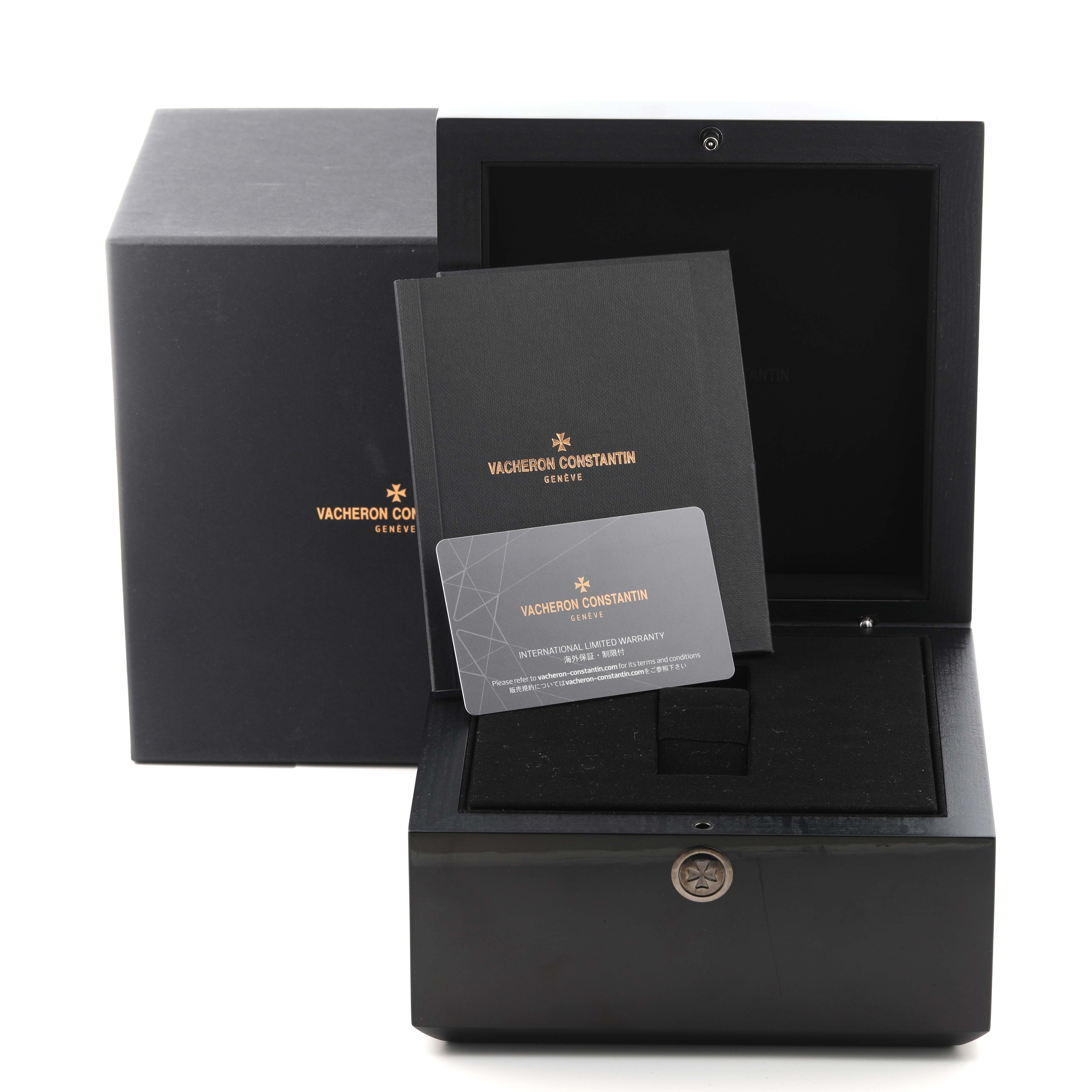 The image shows the packaging, warranty card, and booklet of the Vacheron Constantin Historiques 1100S/000G-B734 Men's White Gold Silver Dial 1100S/000G-B734 Men's White Gold Silver Dial model.