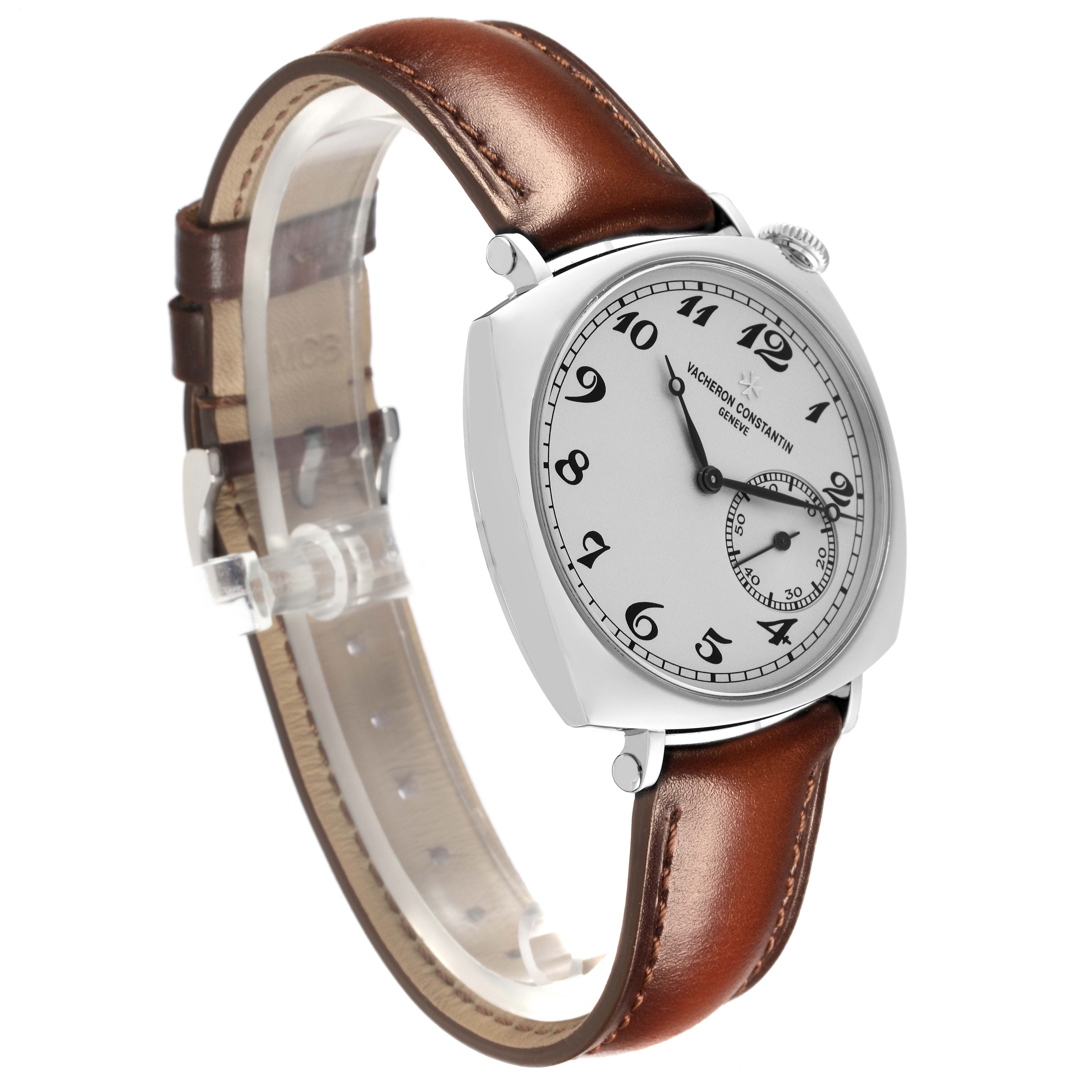 The Vacheron Constantin Historiques 1100S/000G-B734 Men's White Gold Silver Dial 1100S/000G-B734 Men's White Gold Silver Dial model is shown at a slight angle highlighting the white dial, silver case, and brown leather strap.