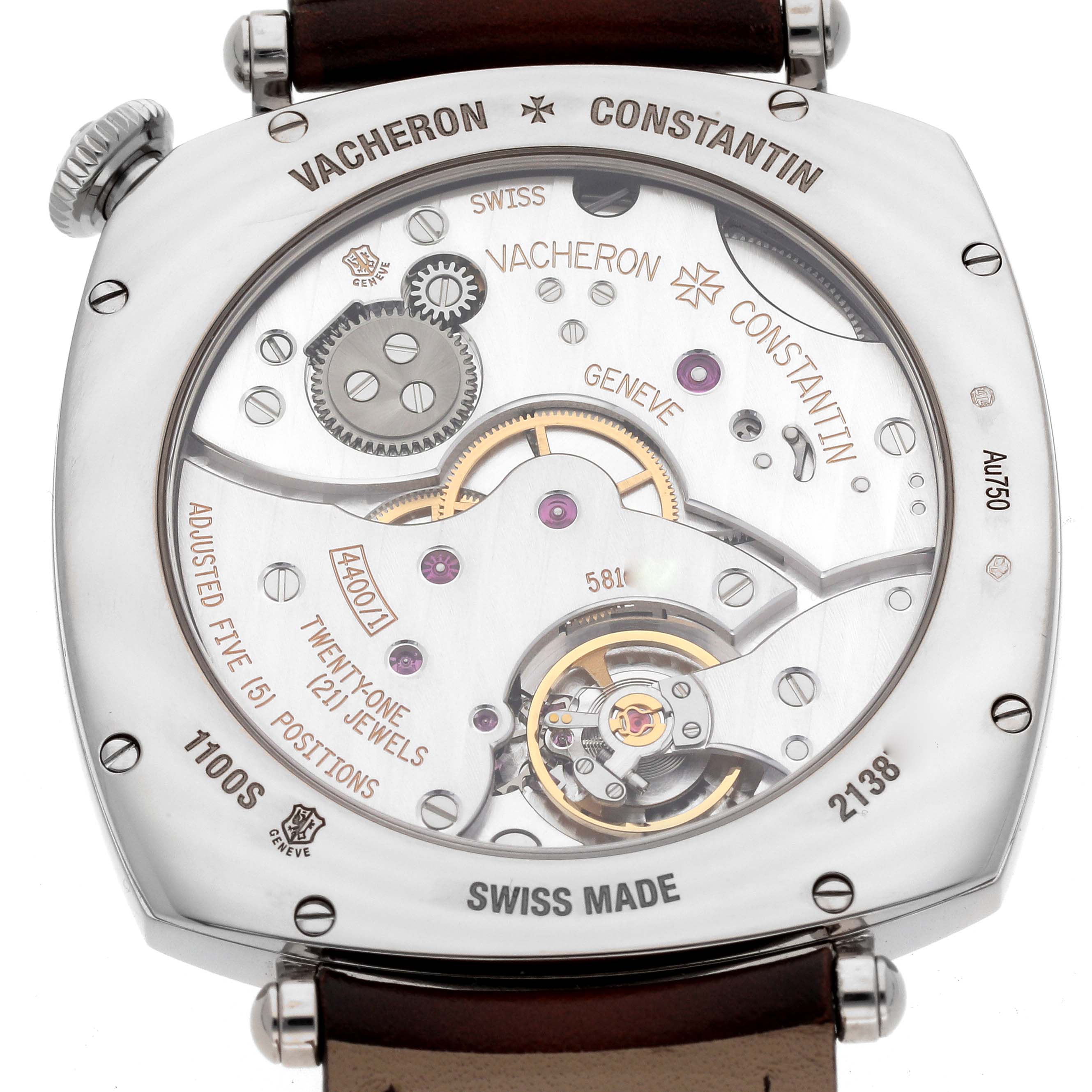 The image shows the back of a Vacheron Constantin Historiques 1100S/000G-B734 Men's White Gold Silver Dial 1100S/000G-B734 Men's White Gold Silver Dial watch, revealing its intricate mechanical movement.