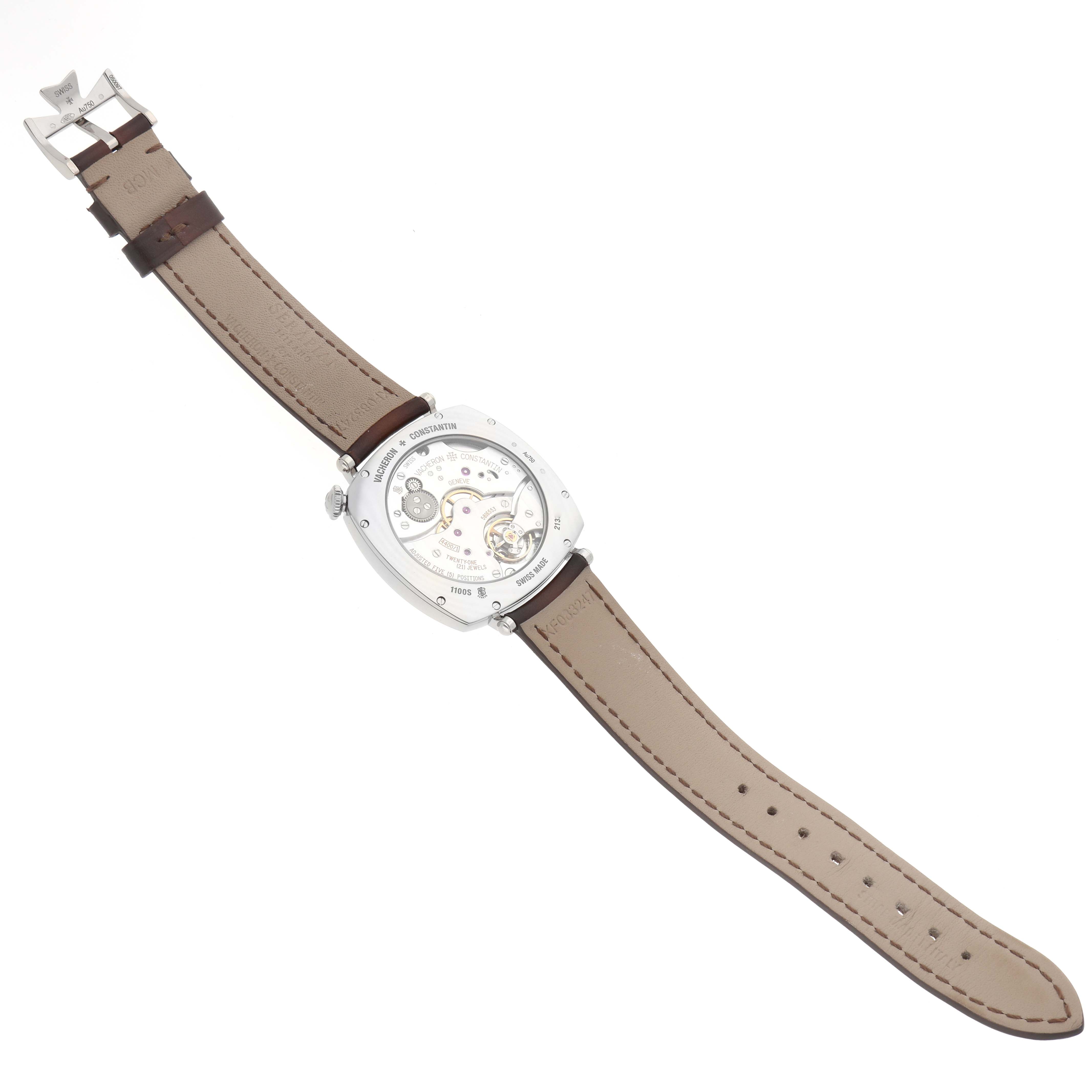 The Vacheron Constantin Historiques 1100S/000G-B734 Men's White Gold Silver Dial 1100S/000G-B734 Men's White Gold Silver Dial model is shown from the back, displaying its movement and a brown leather strap.