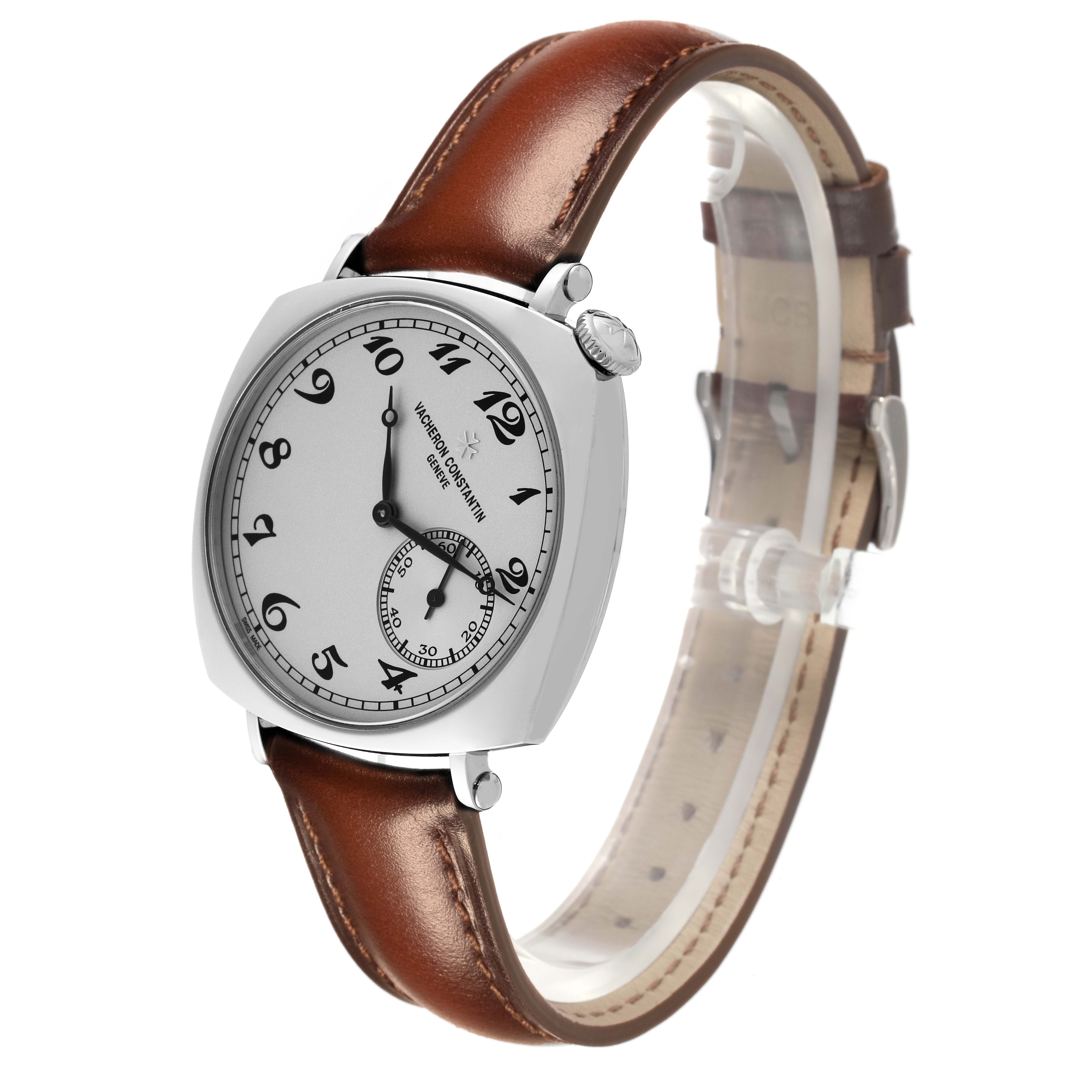 The image shows a side angle of the Vacheron Constantin Historiques 1100S/000G-B734 Men's White Gold Silver Dial 1100S/000G-B734 Men's White Gold Silver Dial watch, displaying its brown leather strap, dial, and crown.