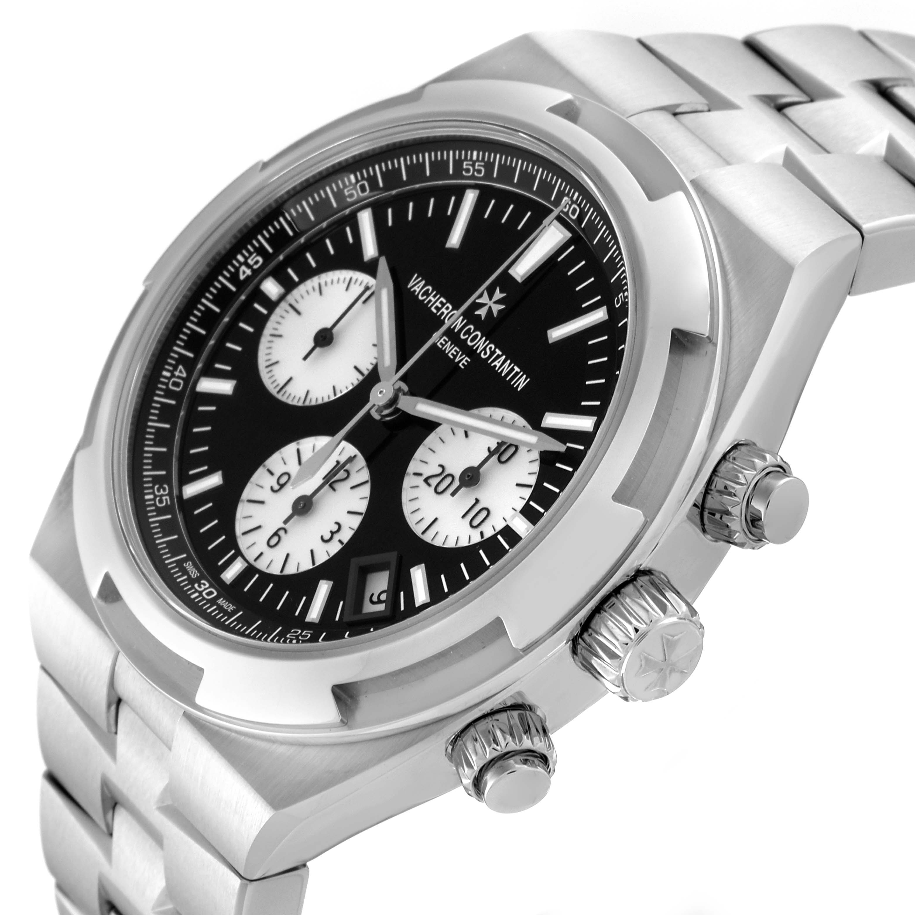 This image shows a Vacheron Constantin Overseas 5500V/110A-B481 Men's Stainless Steel Black Dial 5500V/110A-B481 Men's Stainless Steel Black Dial model watch at an angled view, highlighting the dial, crown, and bracelet.