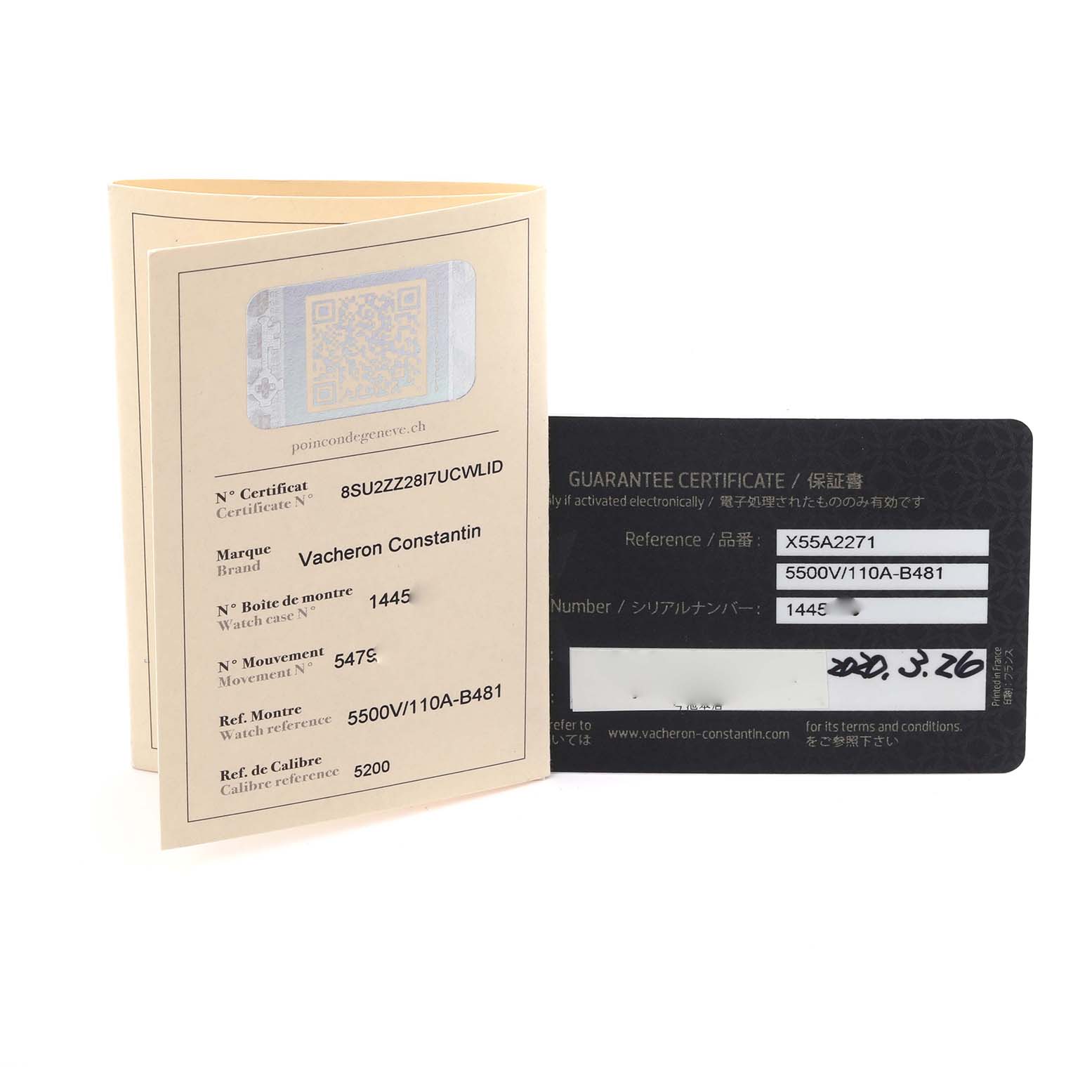 The image shows a Vacheron Constantin Overseas 5500V/110A-B481 Men's Stainless Steel Black Dial 5500V/110A-B481 Men's Stainless Steel Black Dial model's certificate and guarantee card.