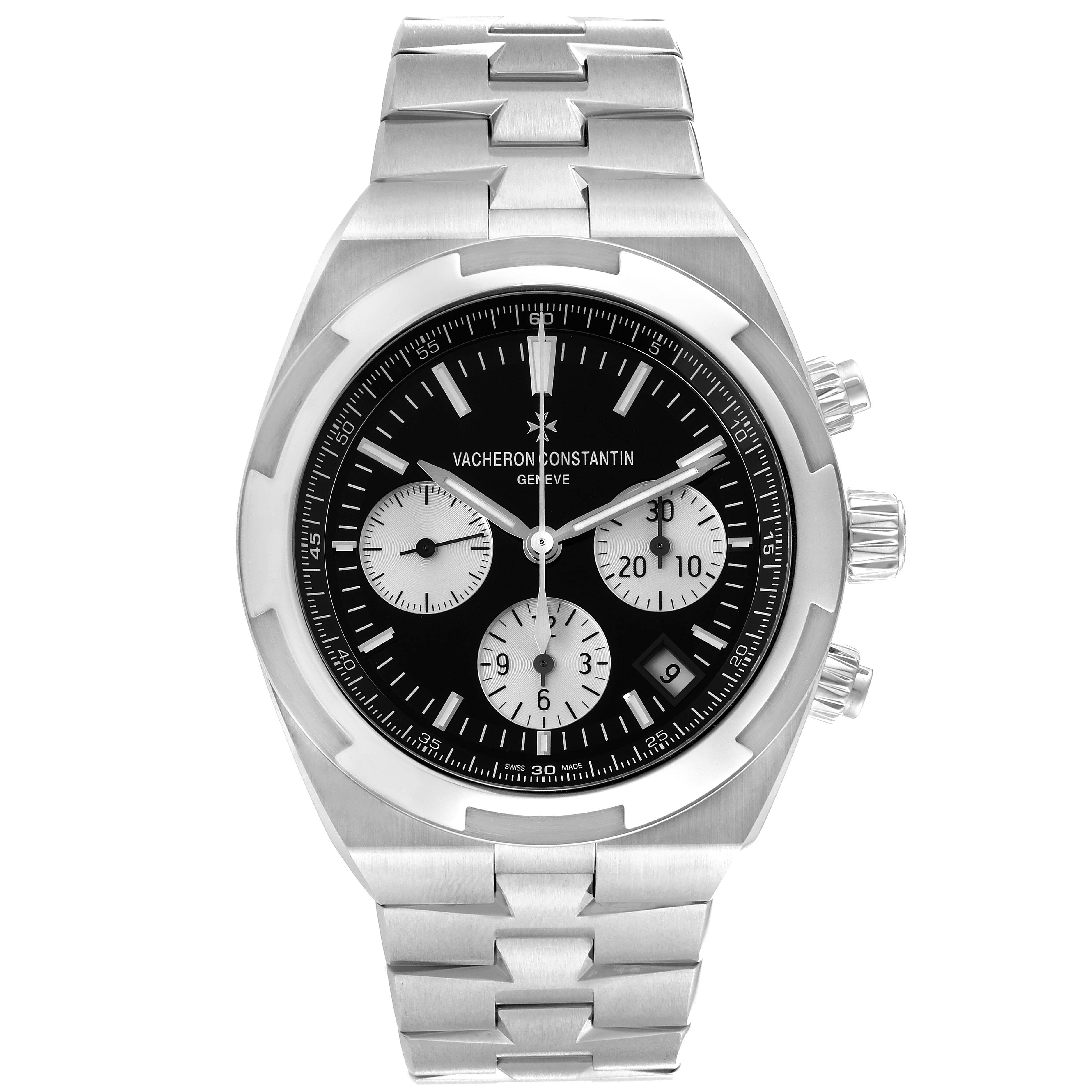 The image shows a front view of a Vacheron Constantin Overseas 5500V/110A-B481 Men's Stainless Steel Black Dial 5500V/110A-B481 Men's Stainless Steel Black Dial watch, highlighting its dial, bezel, bracelet, and chronograph pushers.