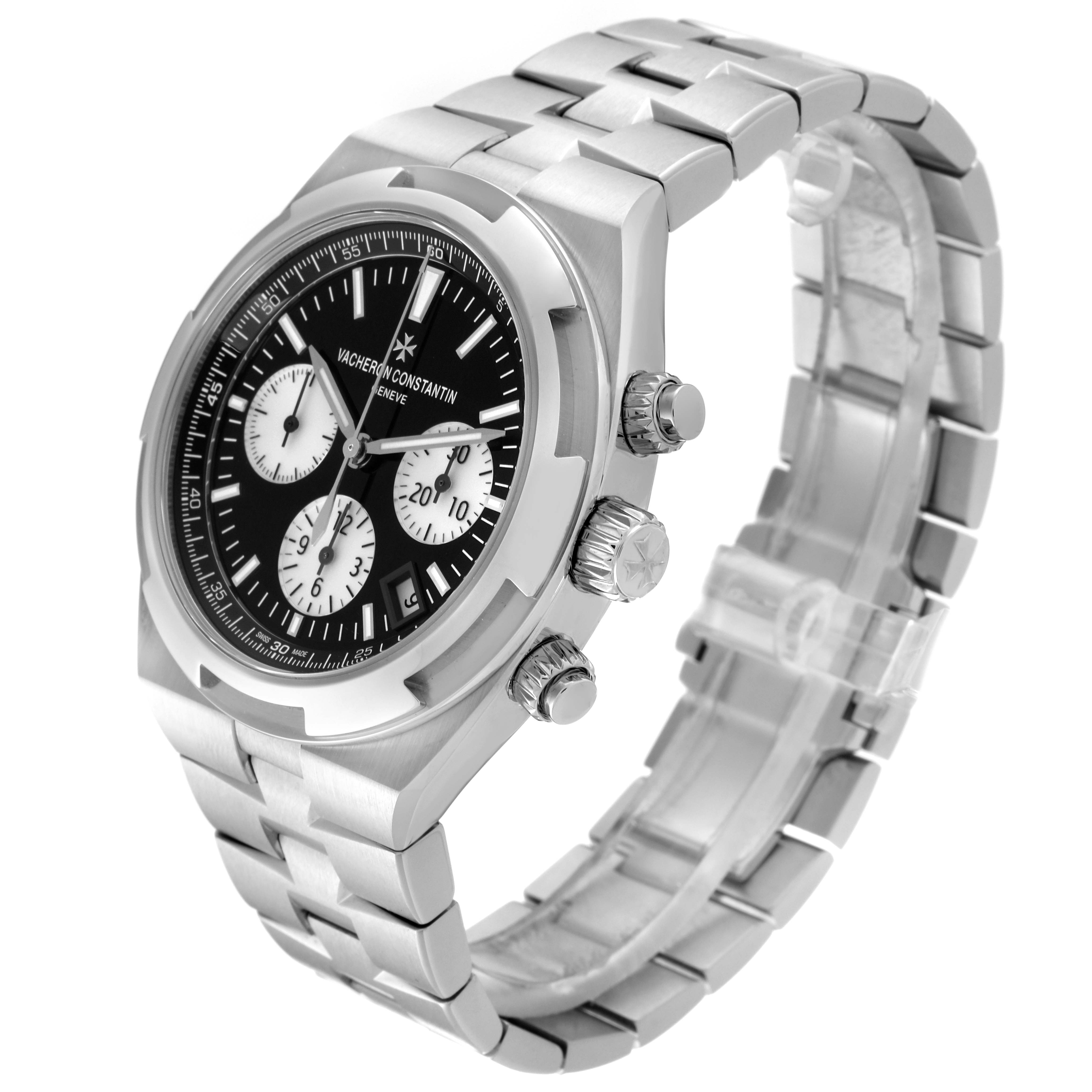 The Vacheron Constantin Overseas 5500V/110A-B481 Men's Stainless Steel Black Dial 5500V/110A-B481 Men's Stainless Steel Black Dial model watch is shown at a three-quarter angle, displaying its face, crown, and bracelet.