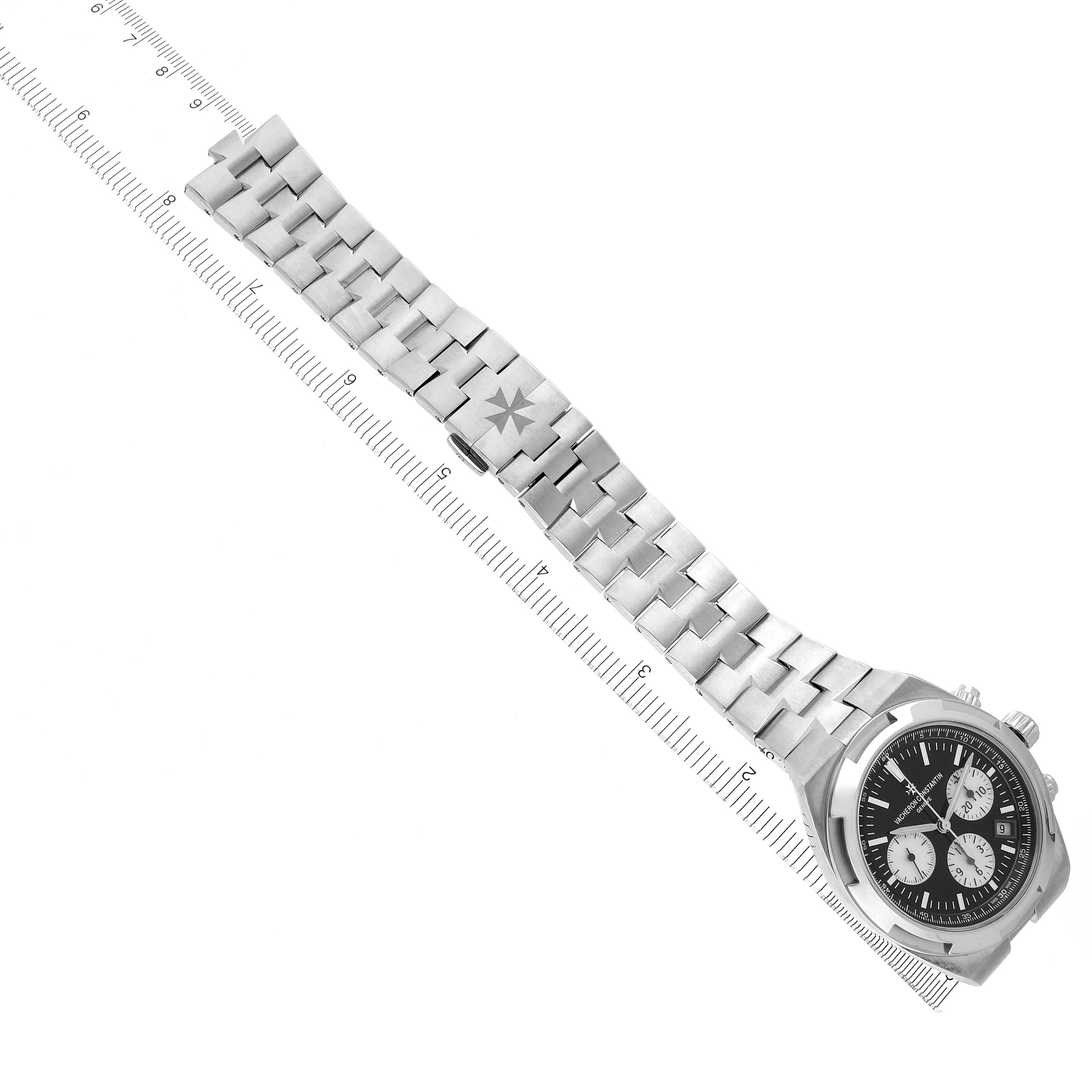 This image shows a Vacheron Constantin Overseas 5500V/110A-B481 Men's Stainless Steel Black Dial 5500V/110A-B481 Men's Stainless Steel Black Dial watch from a top-down angle, highlighting its bracelet and dial.