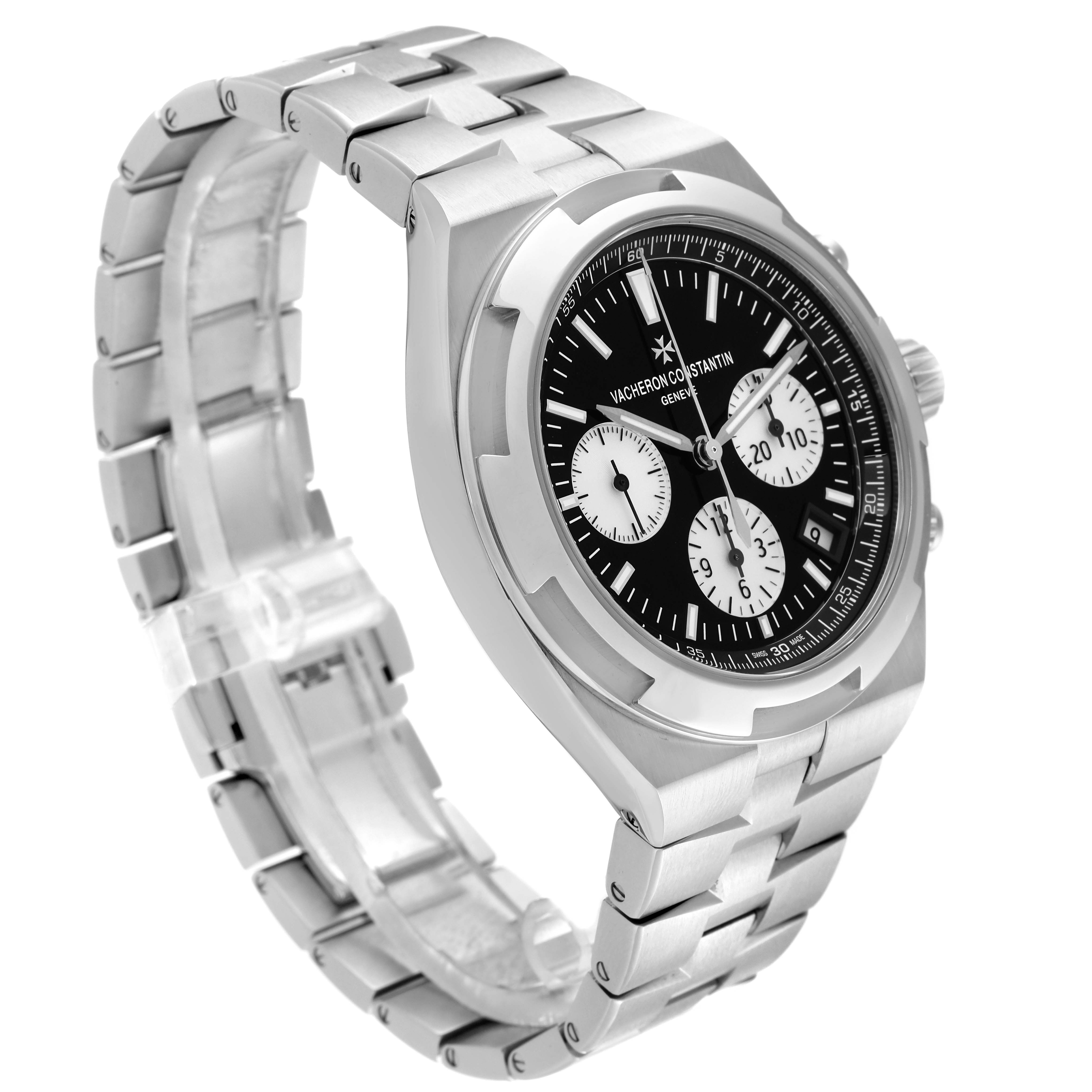 The image shows a side-angle view of a Vacheron Constantin Overseas 5500V/110A-B481 Men's Stainless Steel Black Dial 5500V/110A-B481 Men's Stainless Steel Black Dial watch, featuring its stainless steel band and black dial.