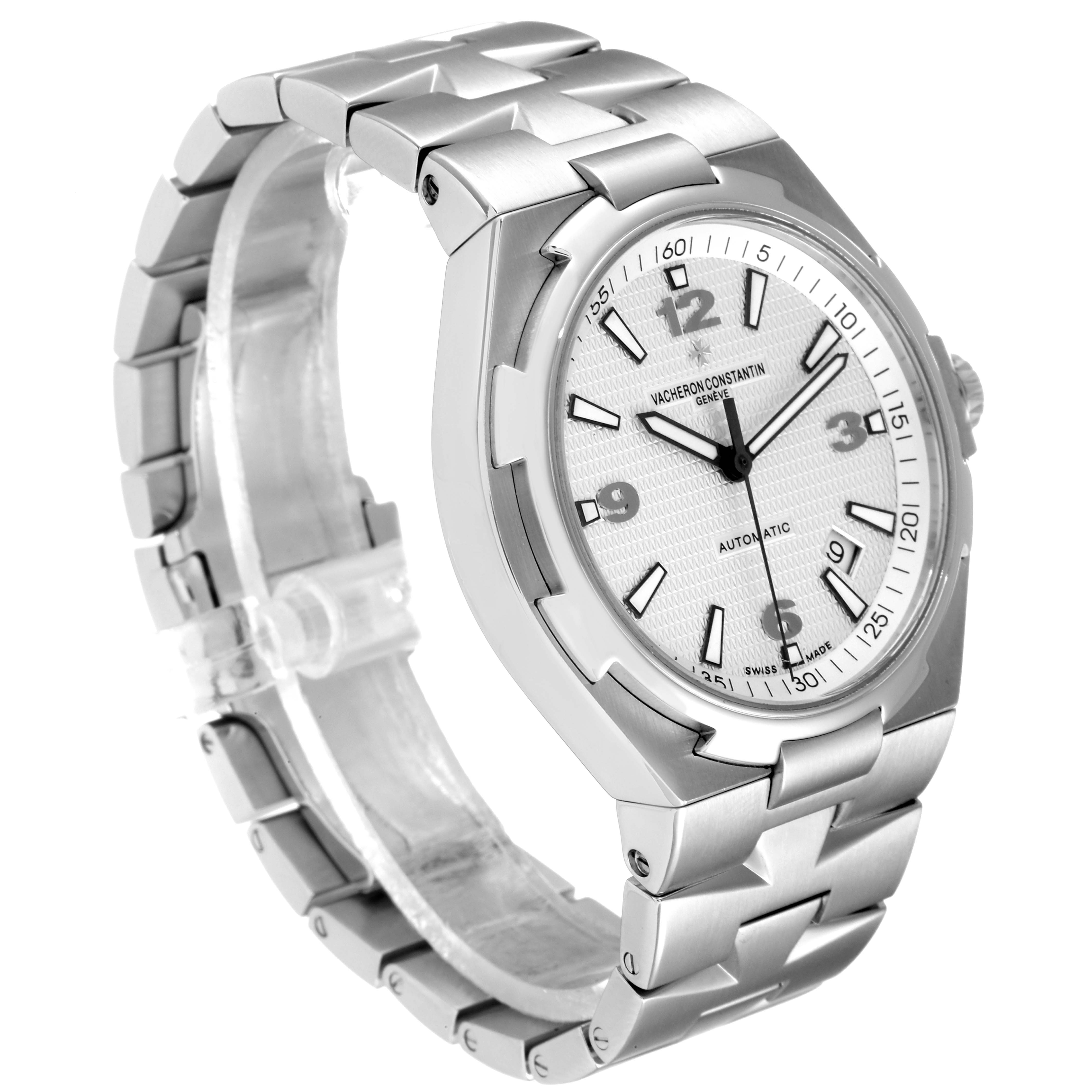 This image shows a front angle of the Vacheron Constantin Overseas 47040B01A-9093 Men's Stainless Steel Silver Dial 47040B01A-9093 Men's Stainless Steel Silver Dial model watch, highlighting the dial and bracelet.