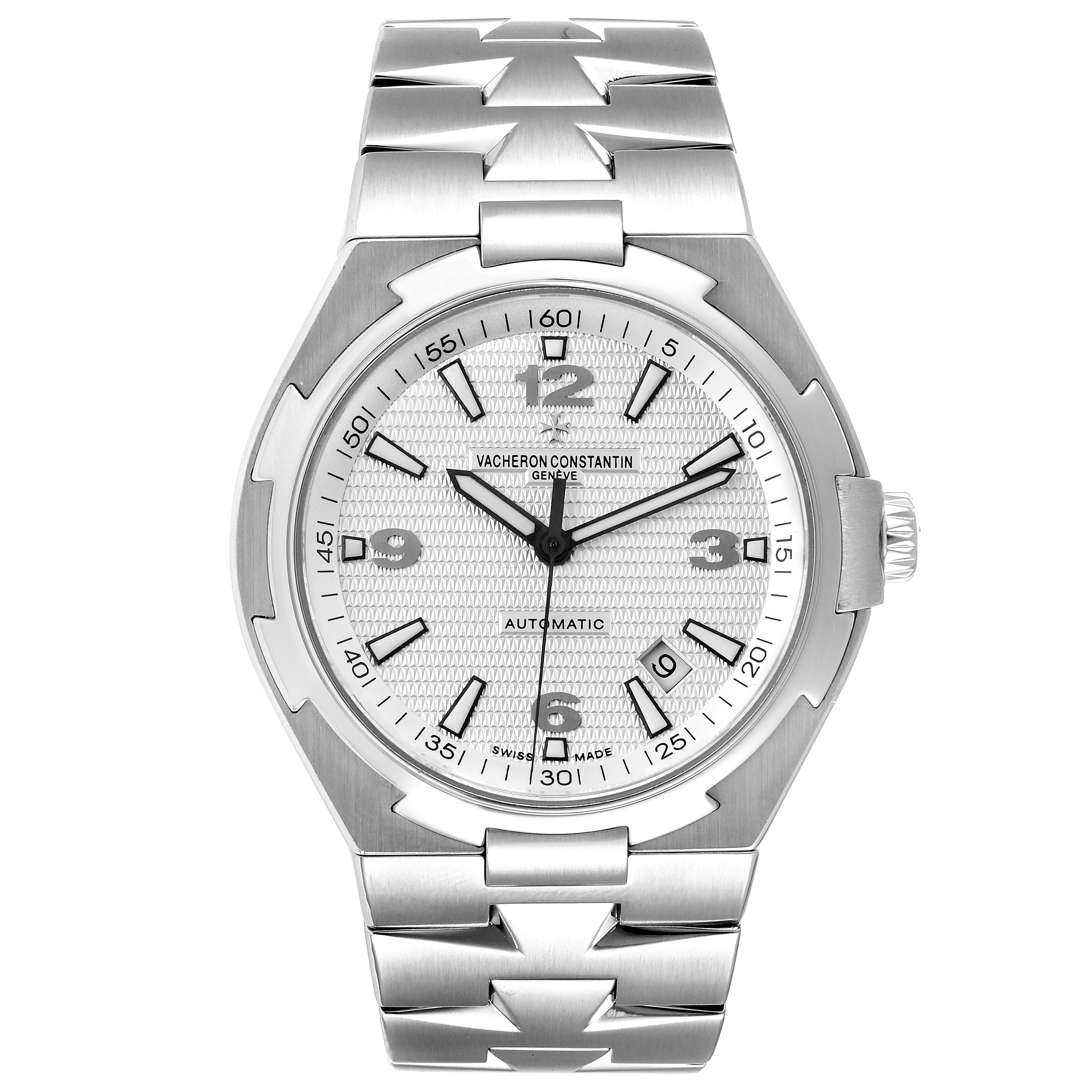 The image shows a front view of a Vacheron Constantin Overseas 47040B01A-9093 Men's Stainless Steel Silver Dial 47040B01A-9093 Men's Stainless Steel Silver Dial model watch, highlighting its dial and bracelet.