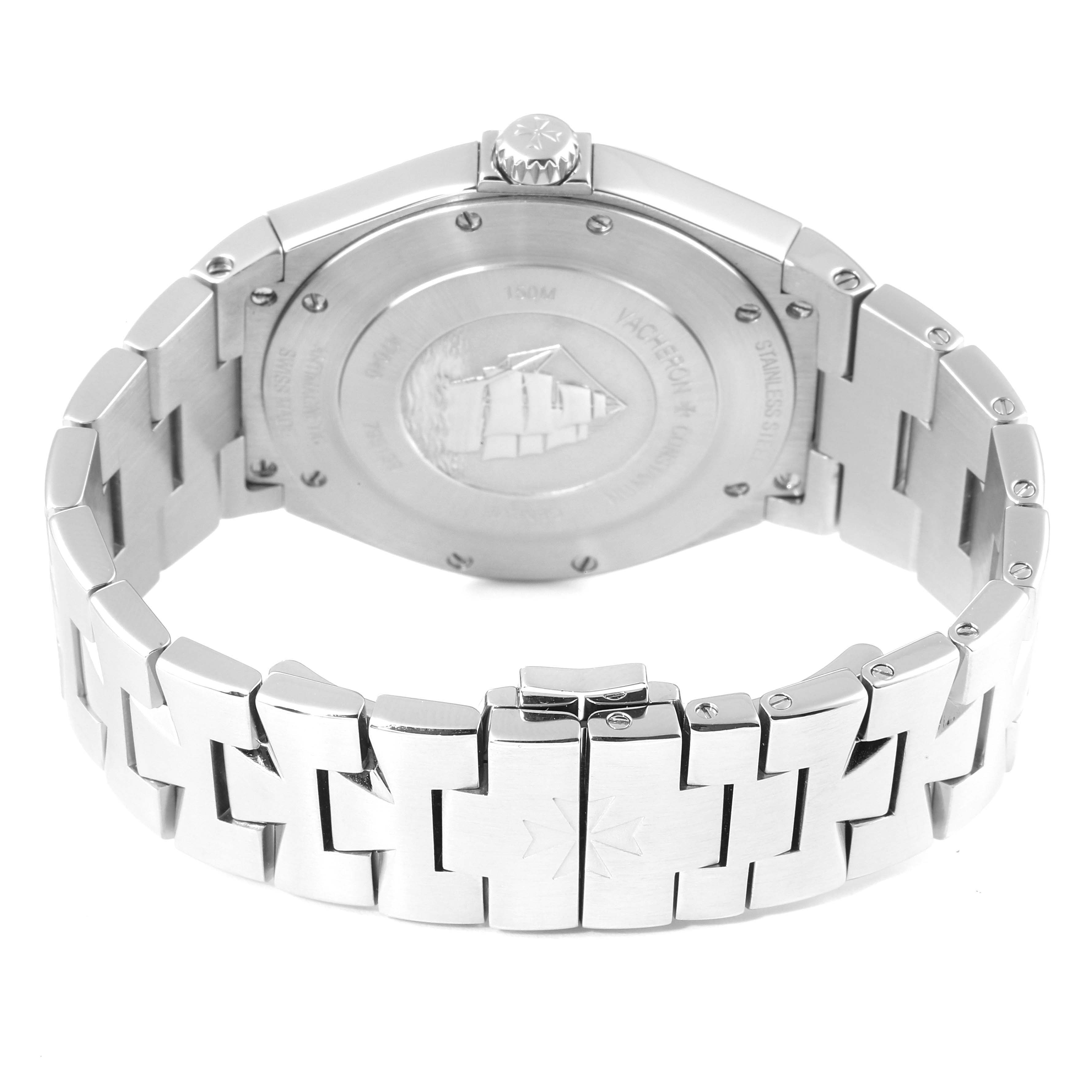 This image shows the back view of the Vacheron Constantin Overseas 47040B01A-9093 Men's Stainless Steel Silver Dial 47040B01A-9093 Men's Stainless Steel Silver Dial model watch, highlighting the case back and bracelet.