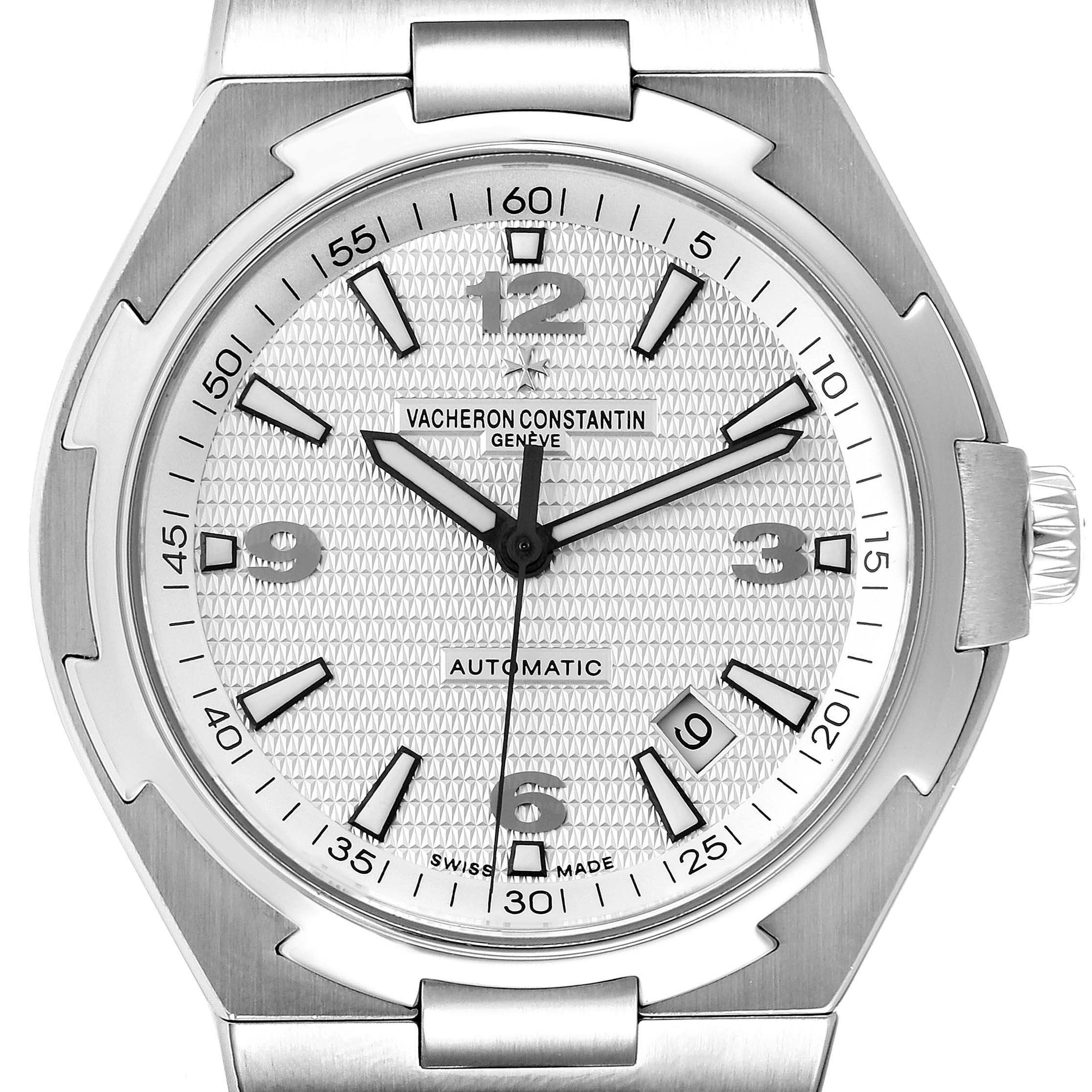 The image shows a front view of the Vacheron Constantin Overseas 47040B01A-9093 Men's Stainless Steel Silver Dial 47040B01A-9093 Men's Stainless Steel Silver Dial model watch, featuring its dial, bezel, and part of the bracelet.