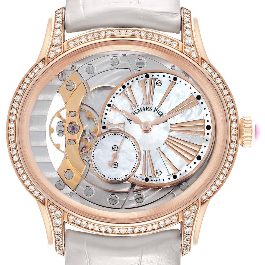 The Audemars Piguet Millenary 77247OR Women's Rose Gold Transparent Dial watch is shown from the front, displaying its intricate open-face dial and rose gold case adorned with diamonds.