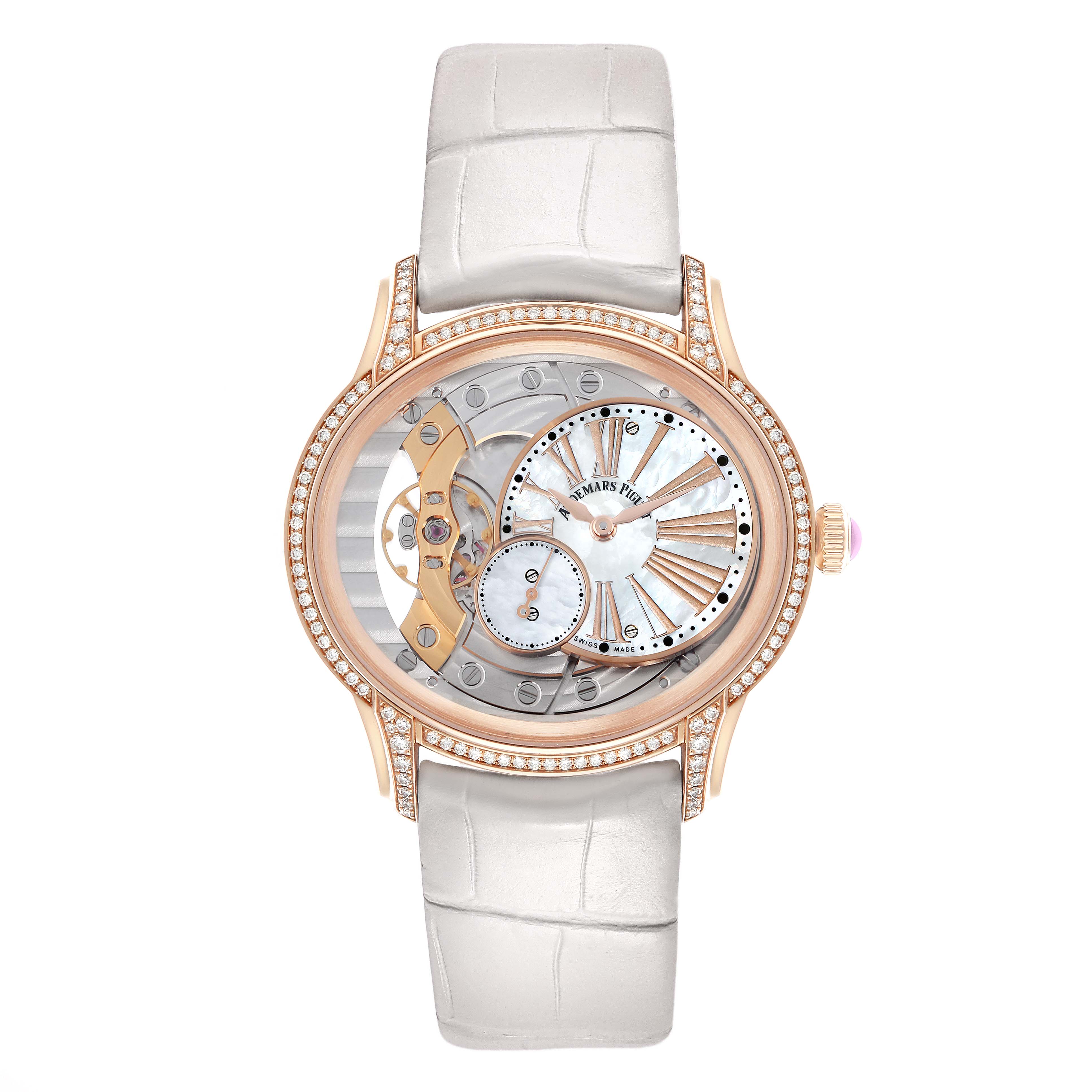 The Audemars Piguet Millenary 77247OR Women
s Rose Gold Transparent Dial model is shown from a top view, highlighting its openworked dial and elegant strap.