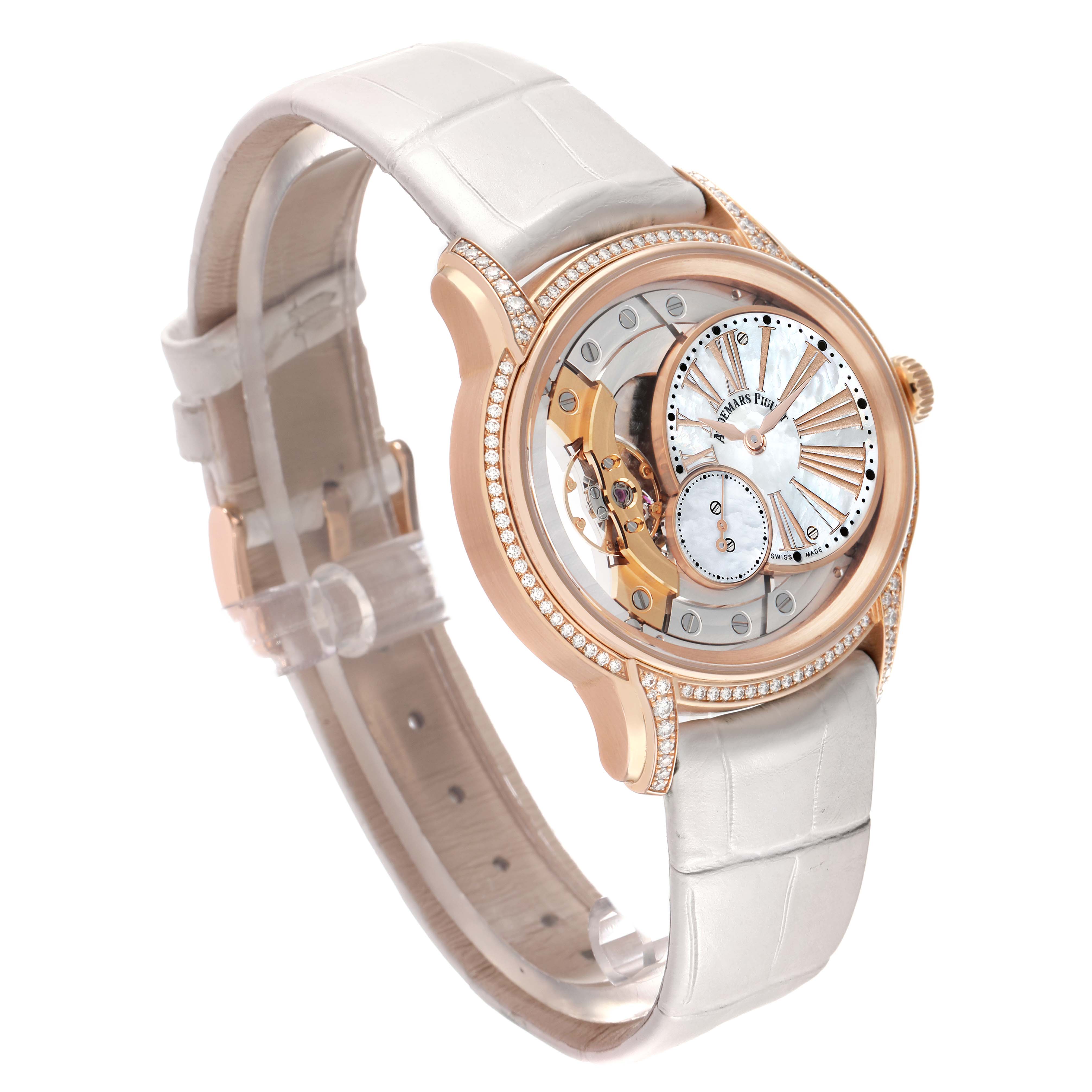The Audemars Piguet Millenary 77247OR Women
s Rose Gold Transparent Dial is shown at a three-quarter angle, highlighting its dial, case, and strap.