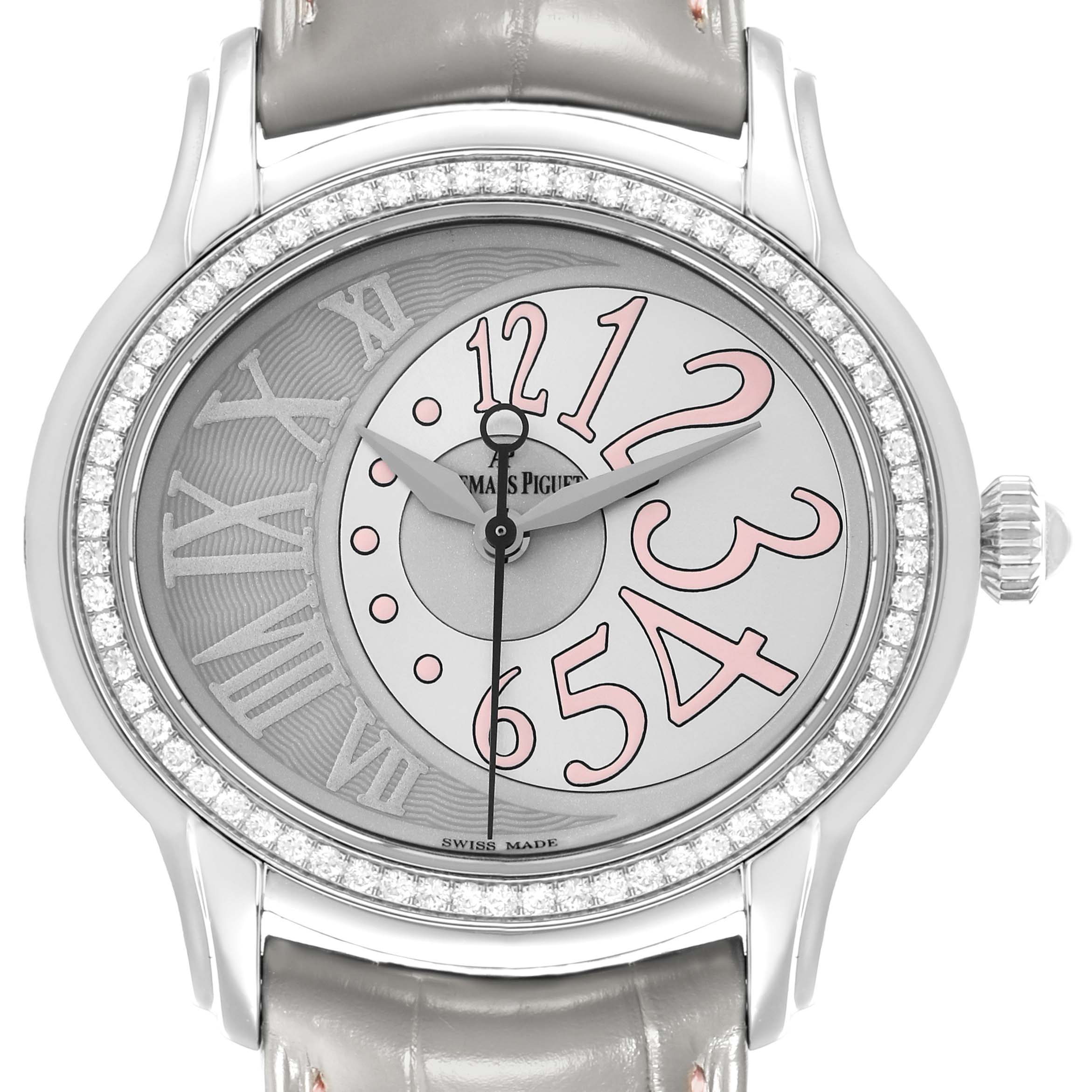 The Audemars Piguet Millenary 77301ST Women
s Stainless Steel Grey Dial watch is shown from the front, highlighting the dial, case, and bezel adorned with diamonds.