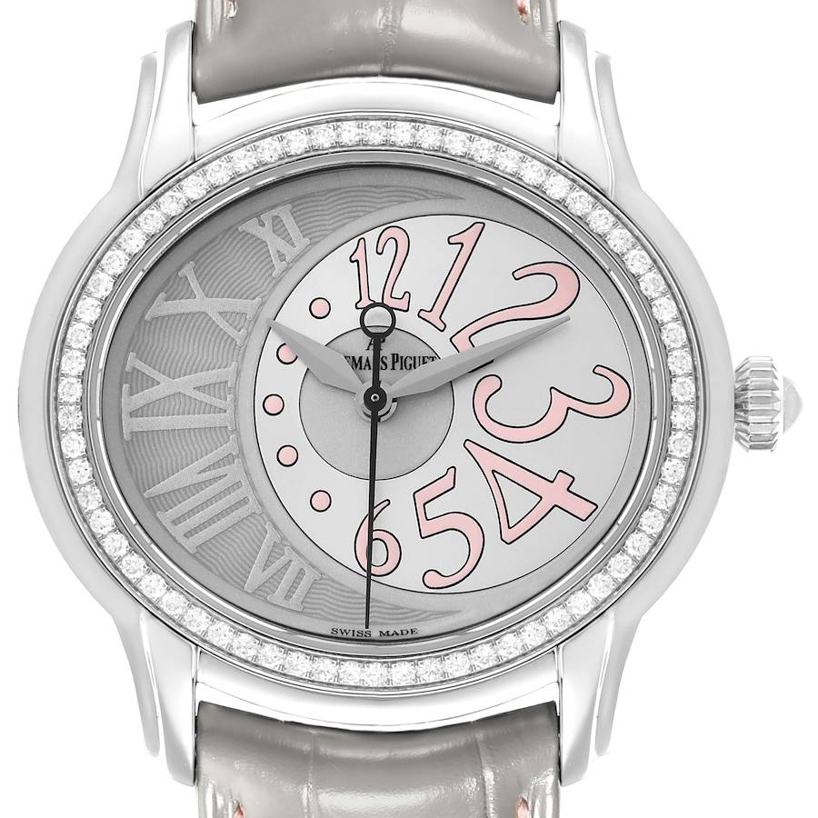 The Audemars Piguet Millenary 77301ST Women's Stainless Steel Grey Dial watch is shown from the front, highlighting the dial, case, and bezel adorned with diamonds.