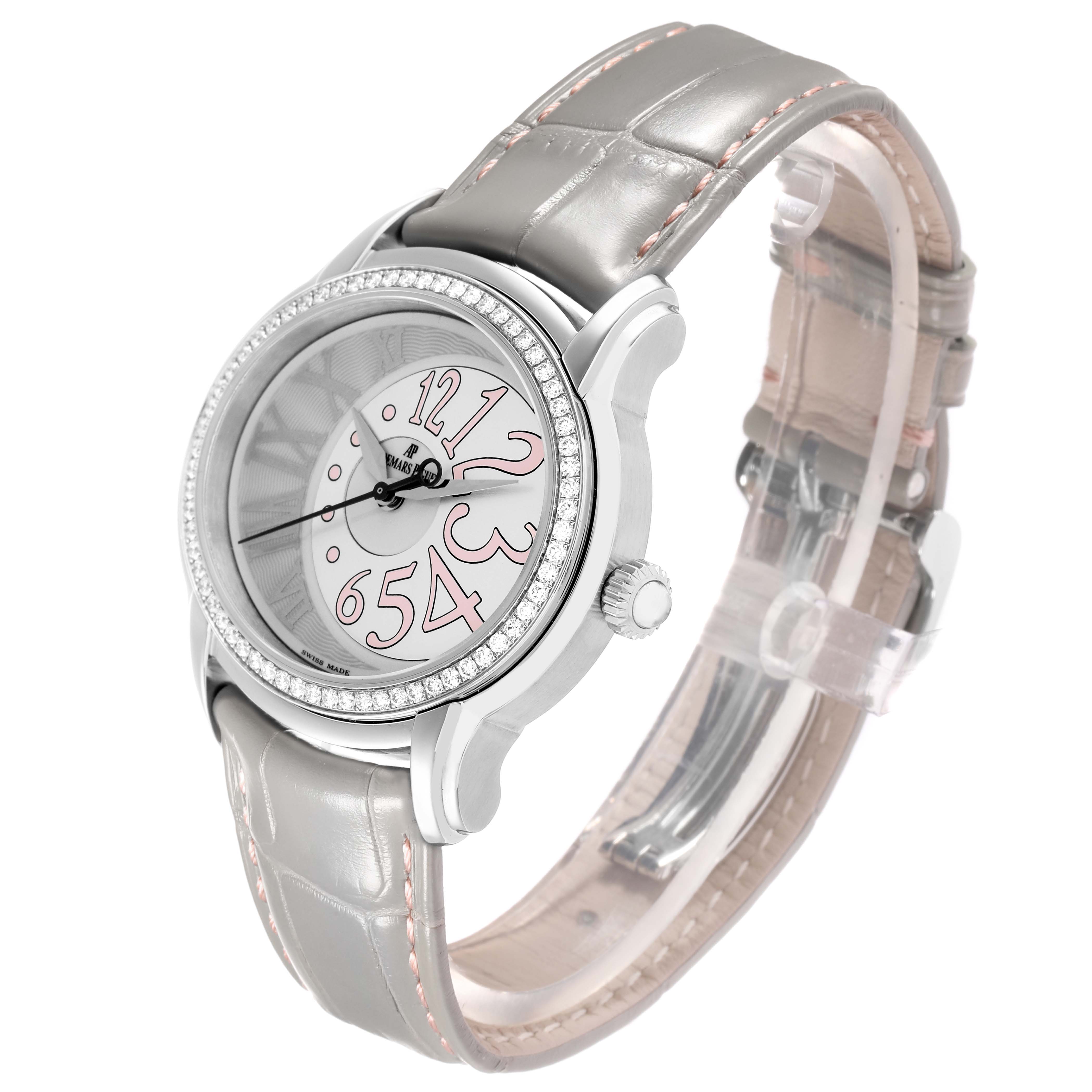The Audemars Piguet Millenary 77301ST Women
s Stainless Steel Grey Dial watch is shown at a three-quarter angle, highlighting its face, bezel, and strap.