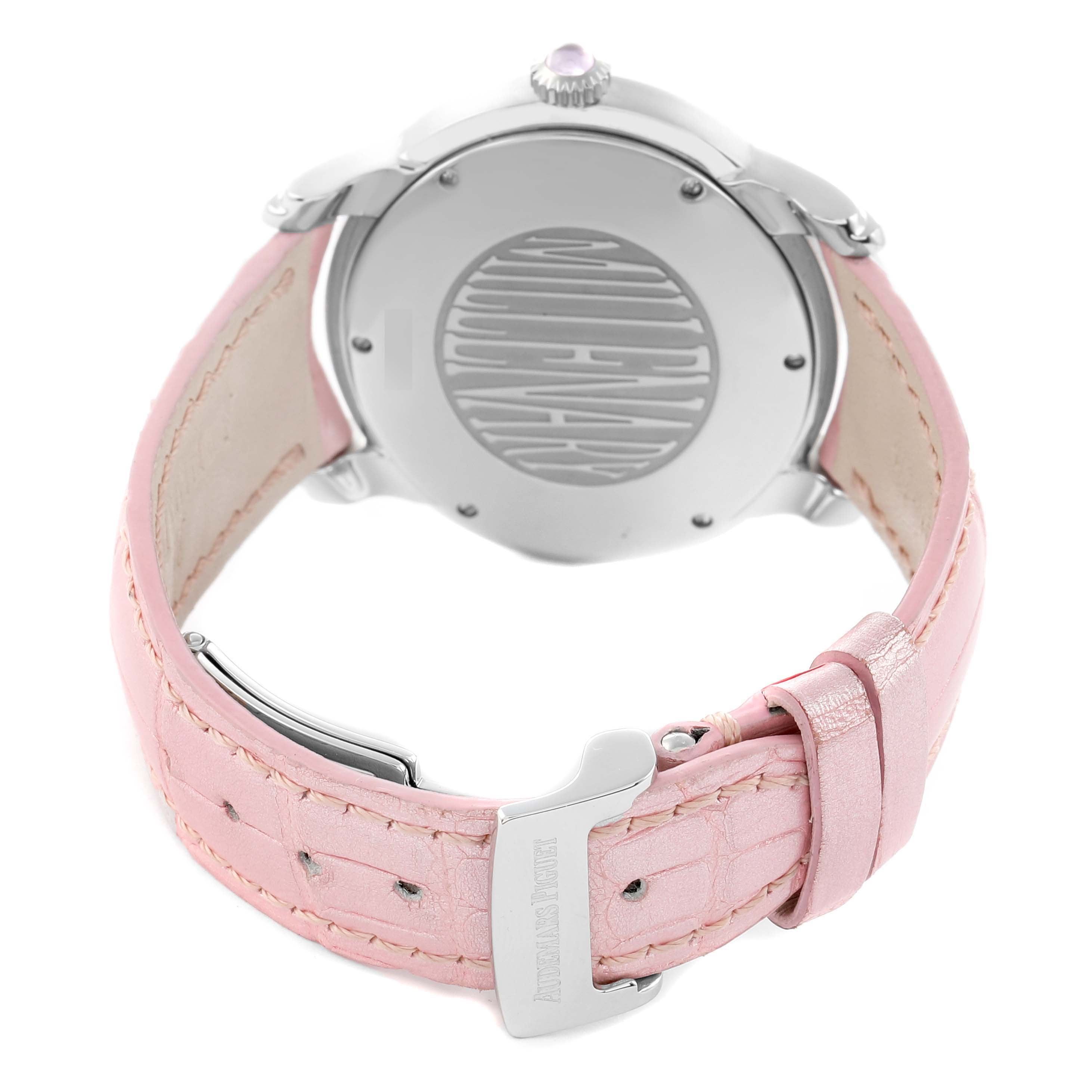 The image shows the back view of an Audemars Piguet Millenary 77301ST Women
s Stainless Steel Pink Dial watch, highlighting its pink strap and clasp.