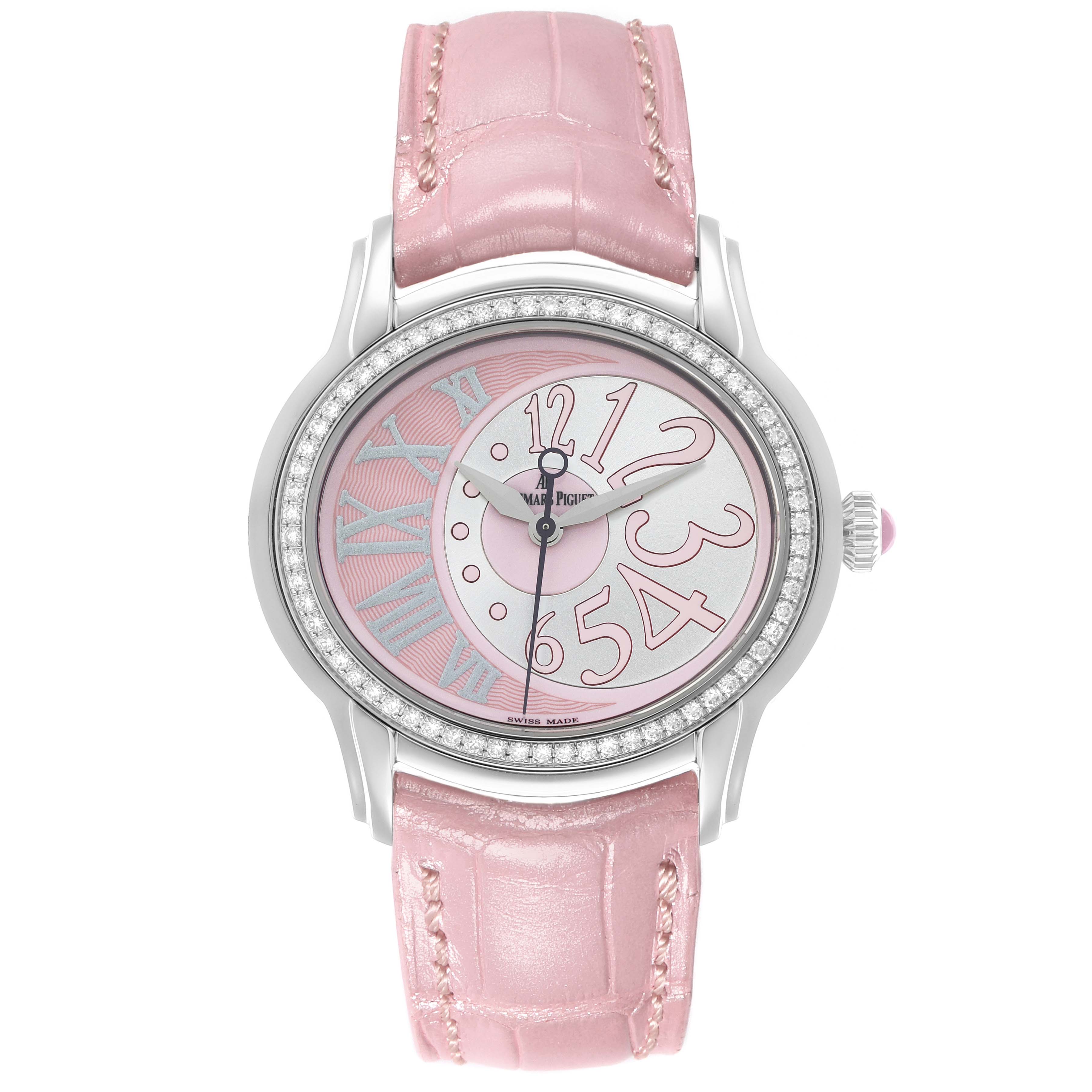 The Audemars Piguet Millenary 77301ST Women
s Stainless Steel Pink Dial watch is shown from the front, highlighting the pink dial and strap with diamond accents on the bezel.