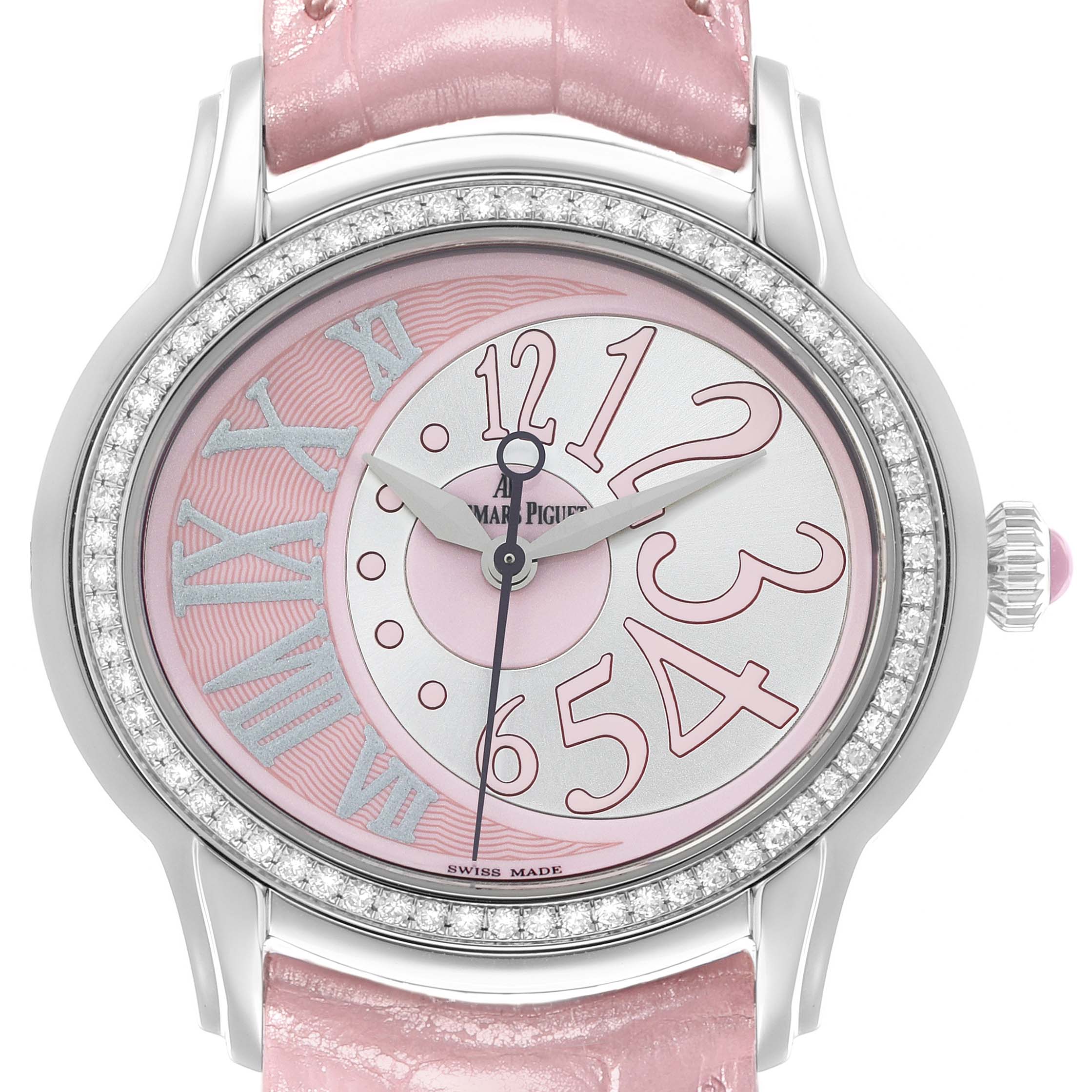 The Audemars Piguet Millenary 77301ST Women
s Stainless Steel Pink Dial watch is shown from the front, highlighting its pink dial, diamond-set bezel, and strap.
